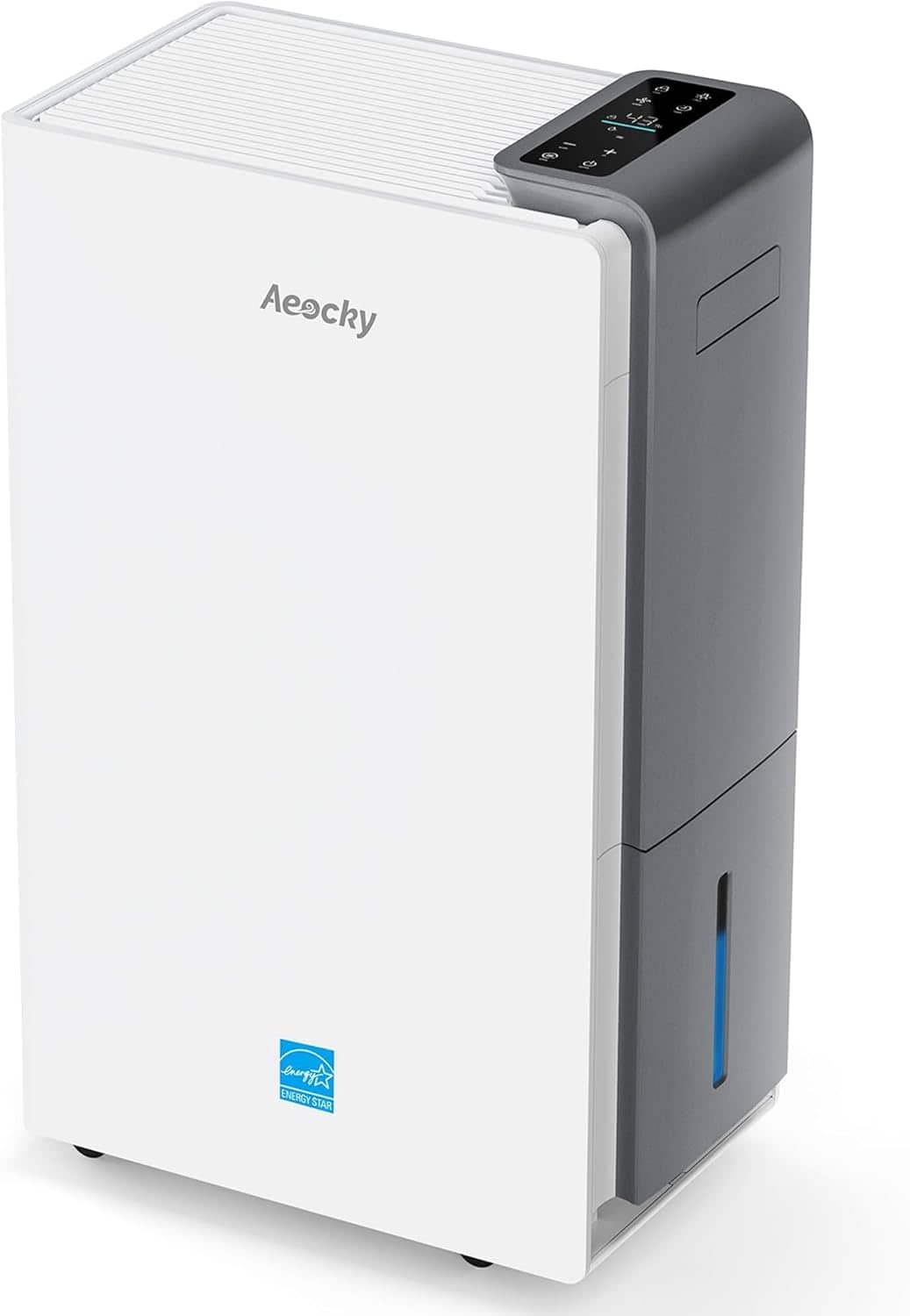 A white and gray Aeocky dehumidifier with a digital control panel on top and a visible water level indicator on the side.