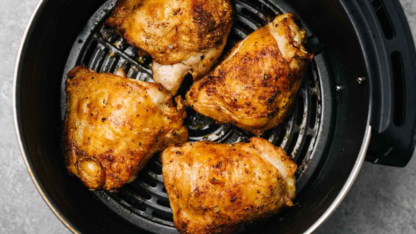 Four seasoned, cooked chicken thighs sit in the basket of an air fryer on a gray surface.