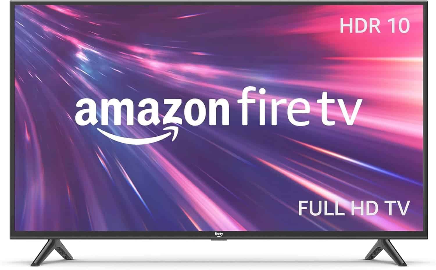 A flat-screen Amazon Fire TV displays a colorful background with “amazon fire tv,” “HDR 10,” and “FULL HD TV” text on the screen.