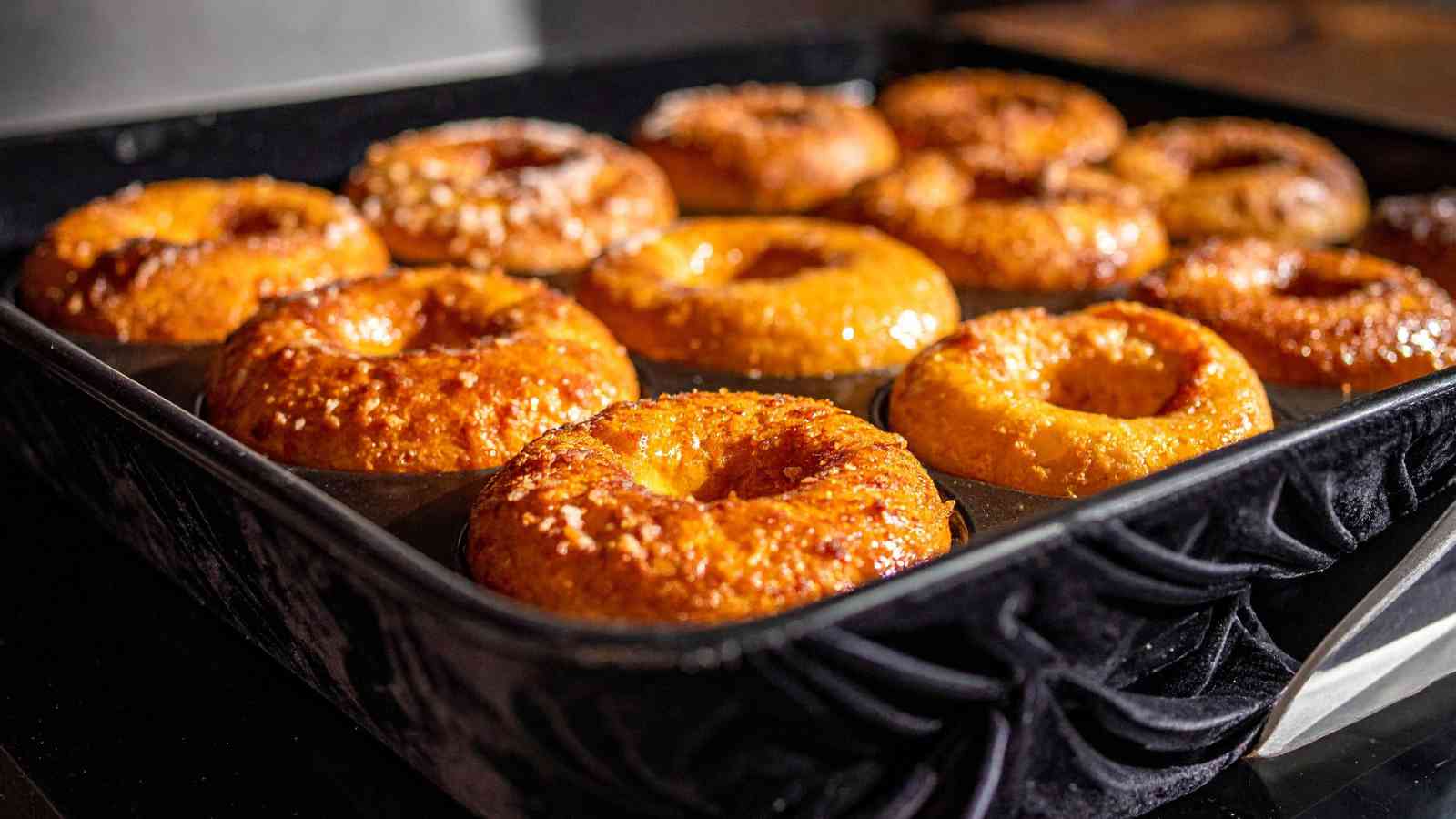 A close-up of a baking tray filled with freshly baked, glazed bagels or doughnuts, some topped with coarse sugar.