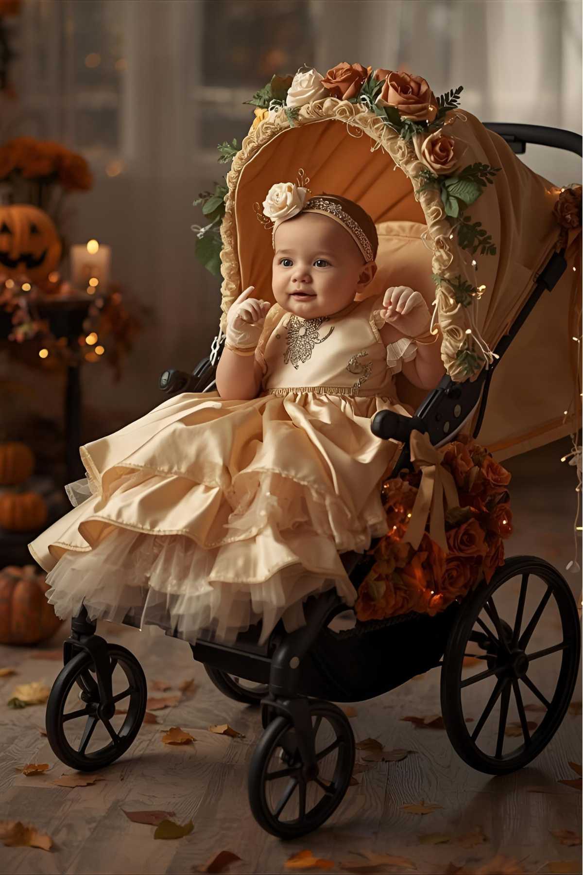 A baby in a cream-colored dress sits in a decorated stroller with flowers and leaves, surrounded by autumn decorations and a jack-o'-lantern indoors.