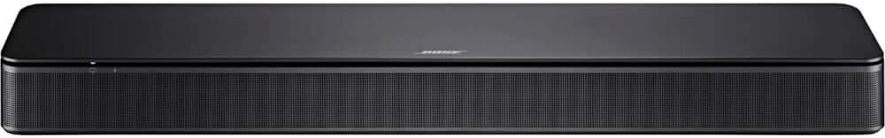 A black rectangular Bose soundbar speaker with a mesh front grille and a smooth top surface.