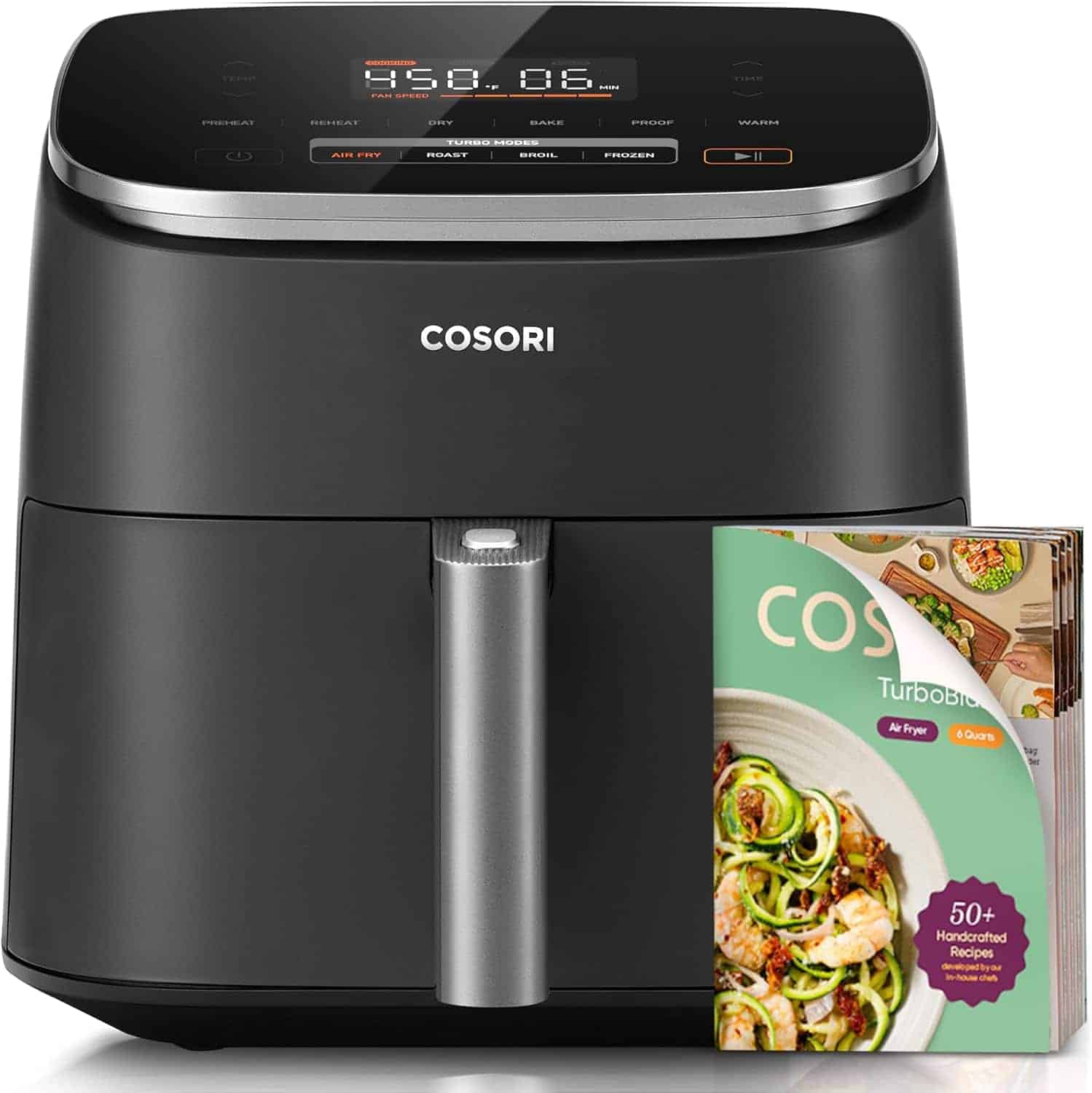 A black COSORI air fryer with a digital display sits beside a recipe booklet featuring various dishes on its cover.