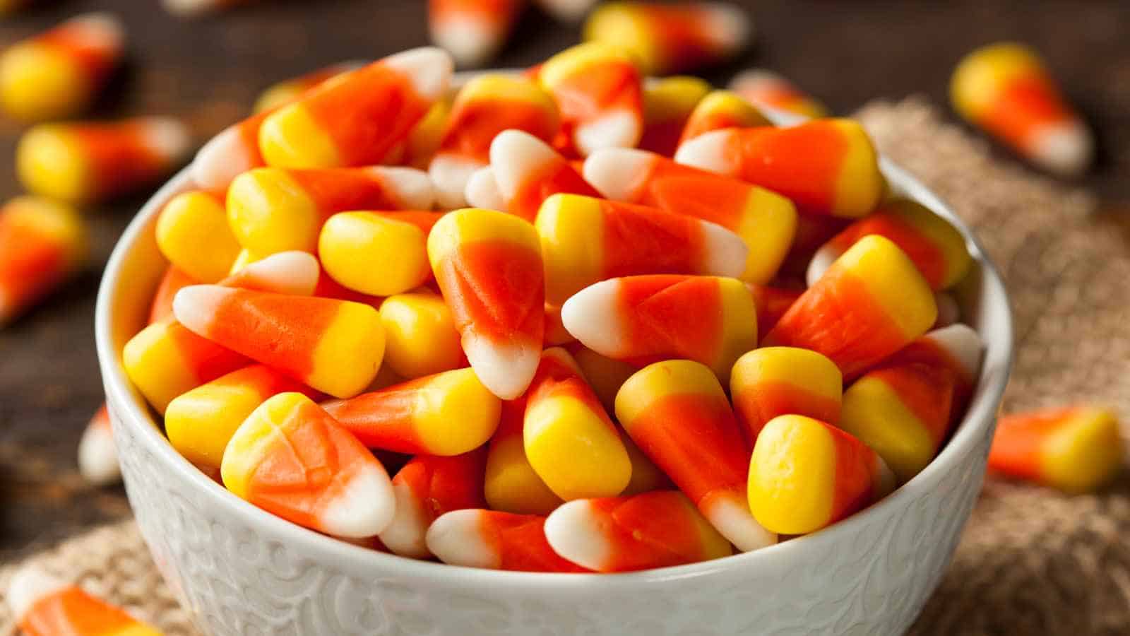 A white bowl filled with candy corn, featuring yellow, orange, and white striped pieces, sits on a textured surface with more candy scattered around.