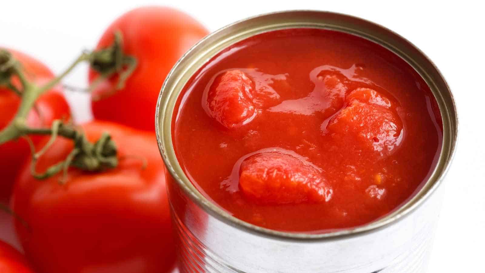 An open can of peeled tomatoes in juice sits next to whole fresh tomatoes on a white background.