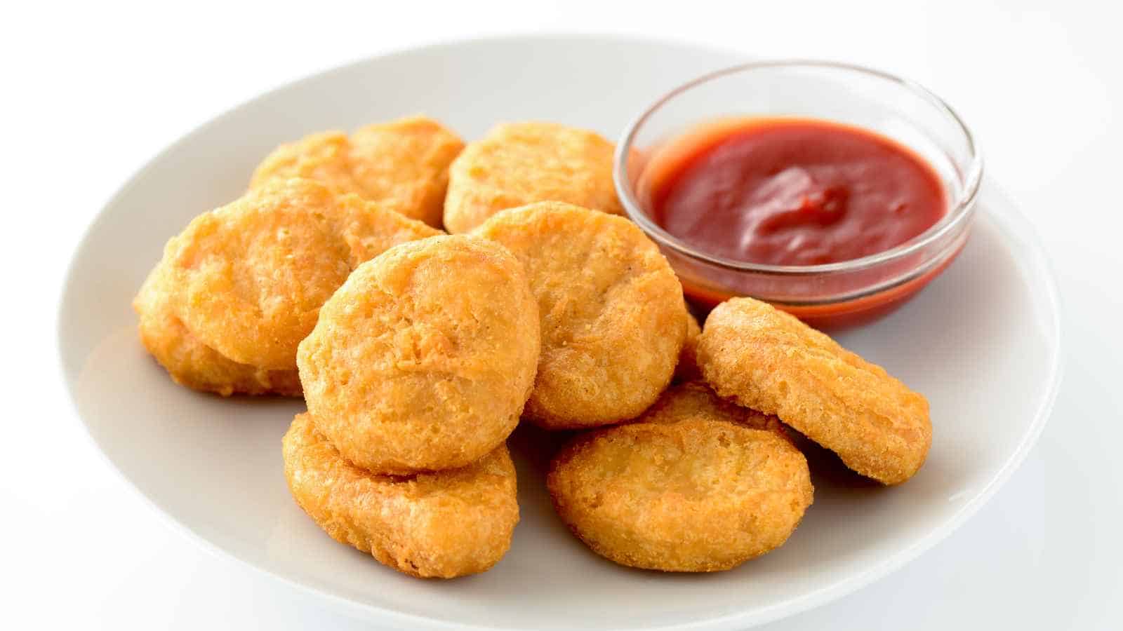 A white plate with several breaded chicken nuggets and a small glass bowl of red dipping sauce, likely ketchup.