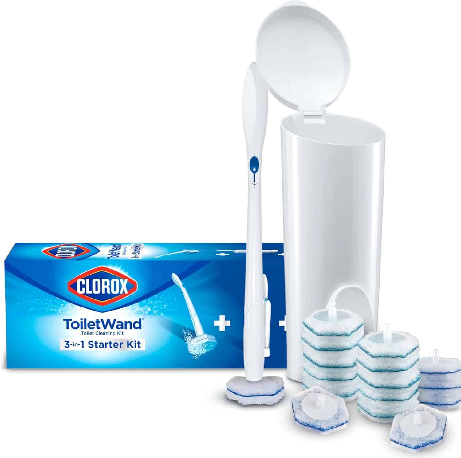 Clorox ToiletWand 3-in-1 Starter Kit with a wand, white storage caddy, blue and white scrub heads, and product box.