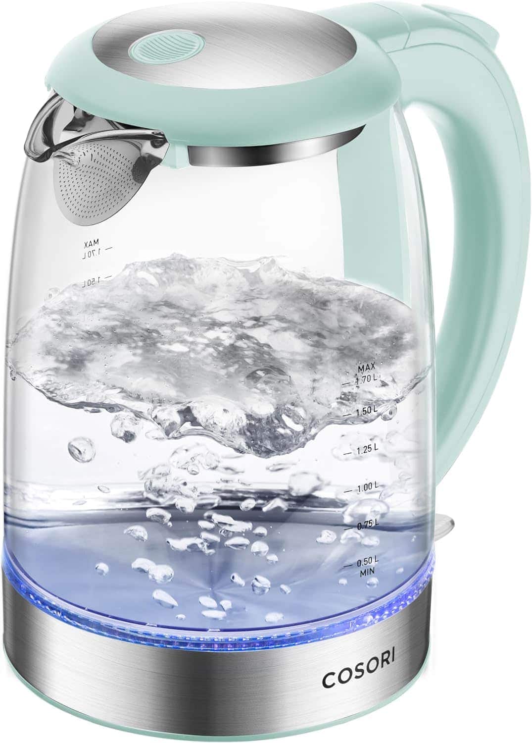 A glass electric kettle with a mint green handle and lid, boiling water inside, and a blue LED light at the base; brand name "COSORI" on the metal base.