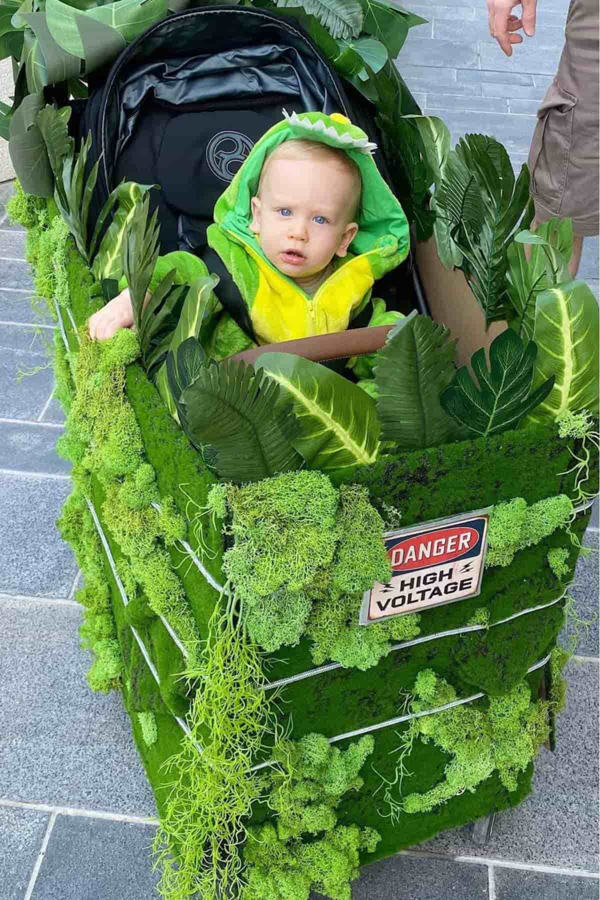 A baby in a dinosaur costume sits in a stroller decorated as a green, leafy box with a "Danger High Voltage" sign attached to the front.