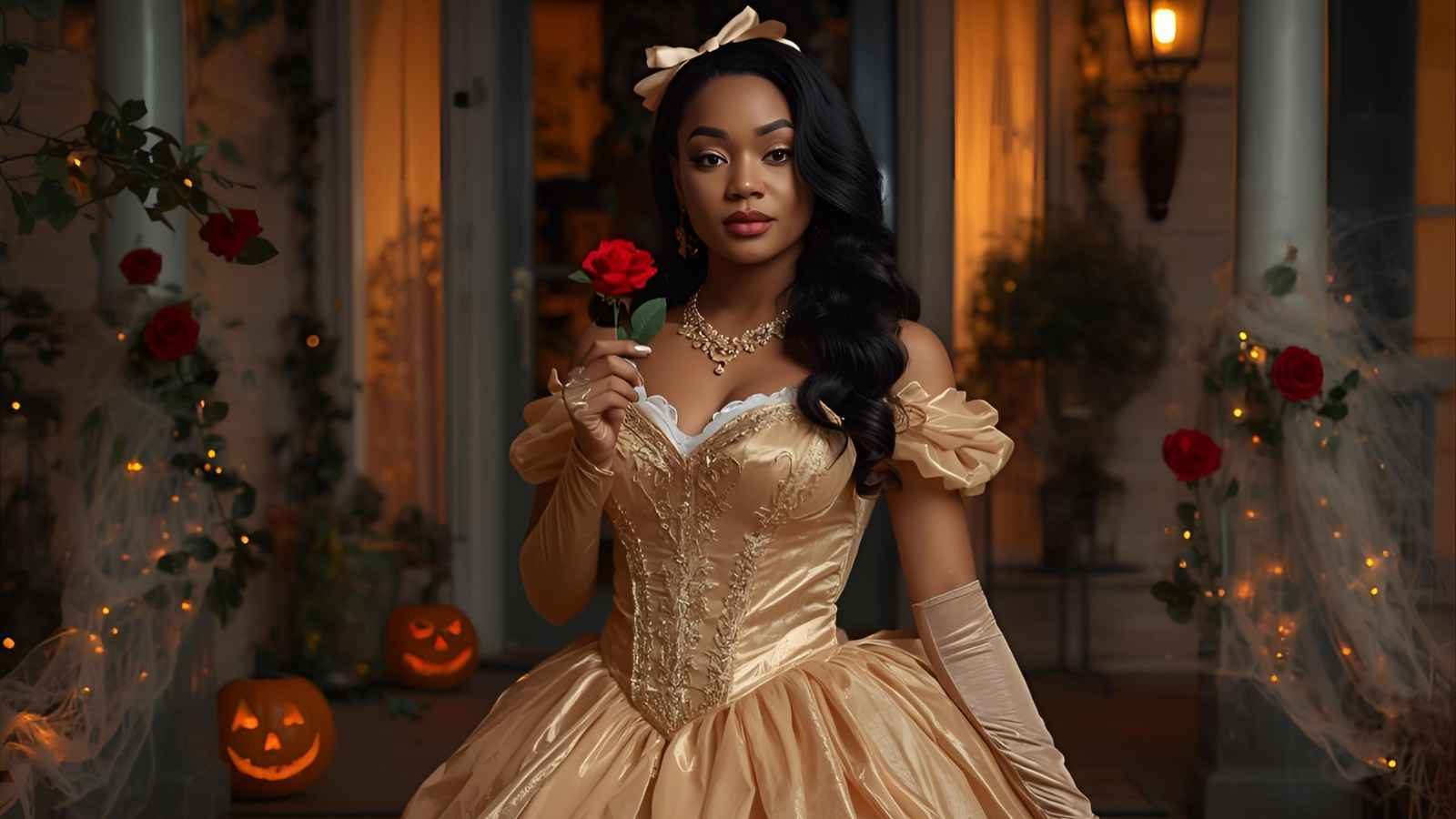 A woman dressed as Bell in "Beauty and the Beast", standing in front of a decorated porch with pumpkins, spiderwebs, and red roses.