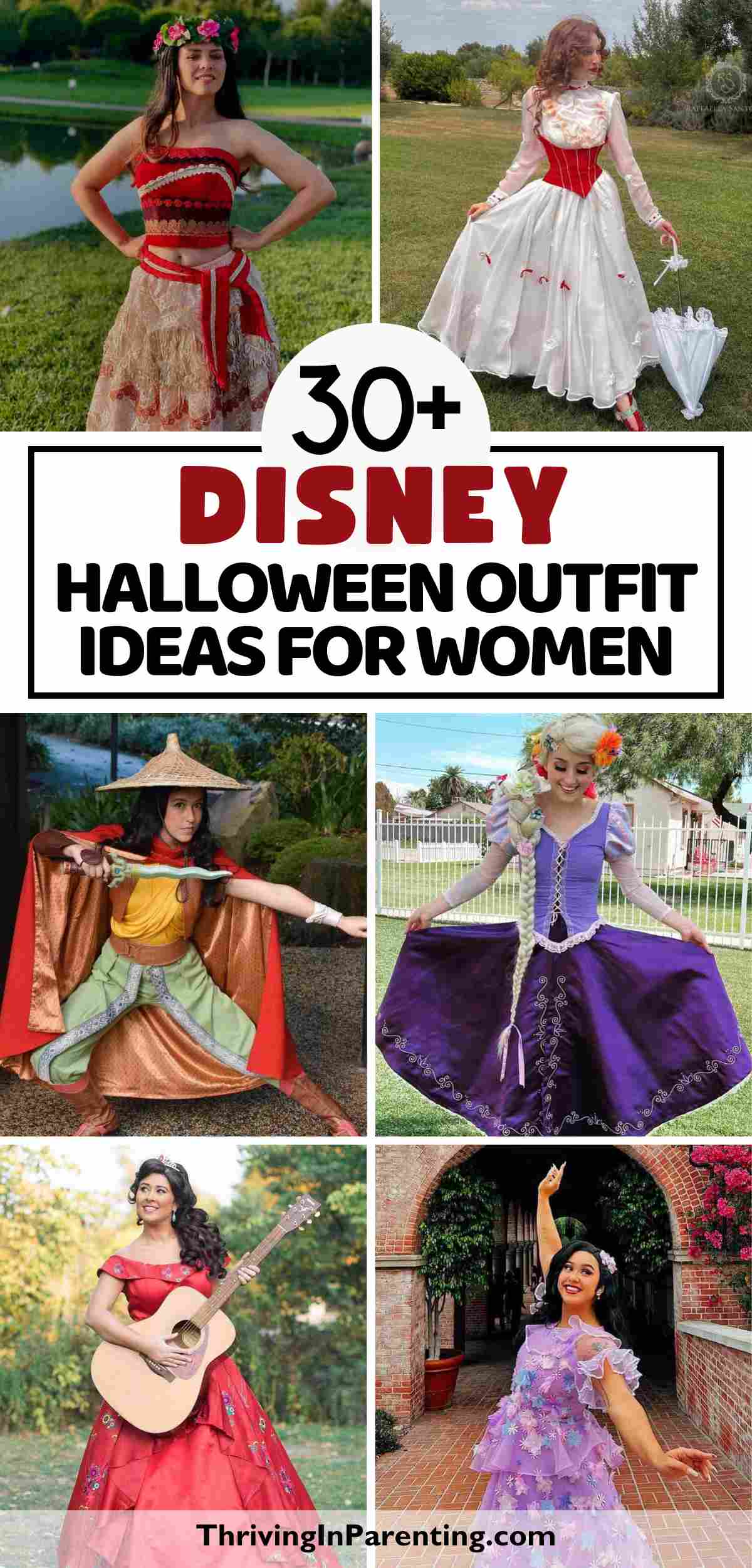 A collage of several Disney Halloween costumes for women.
