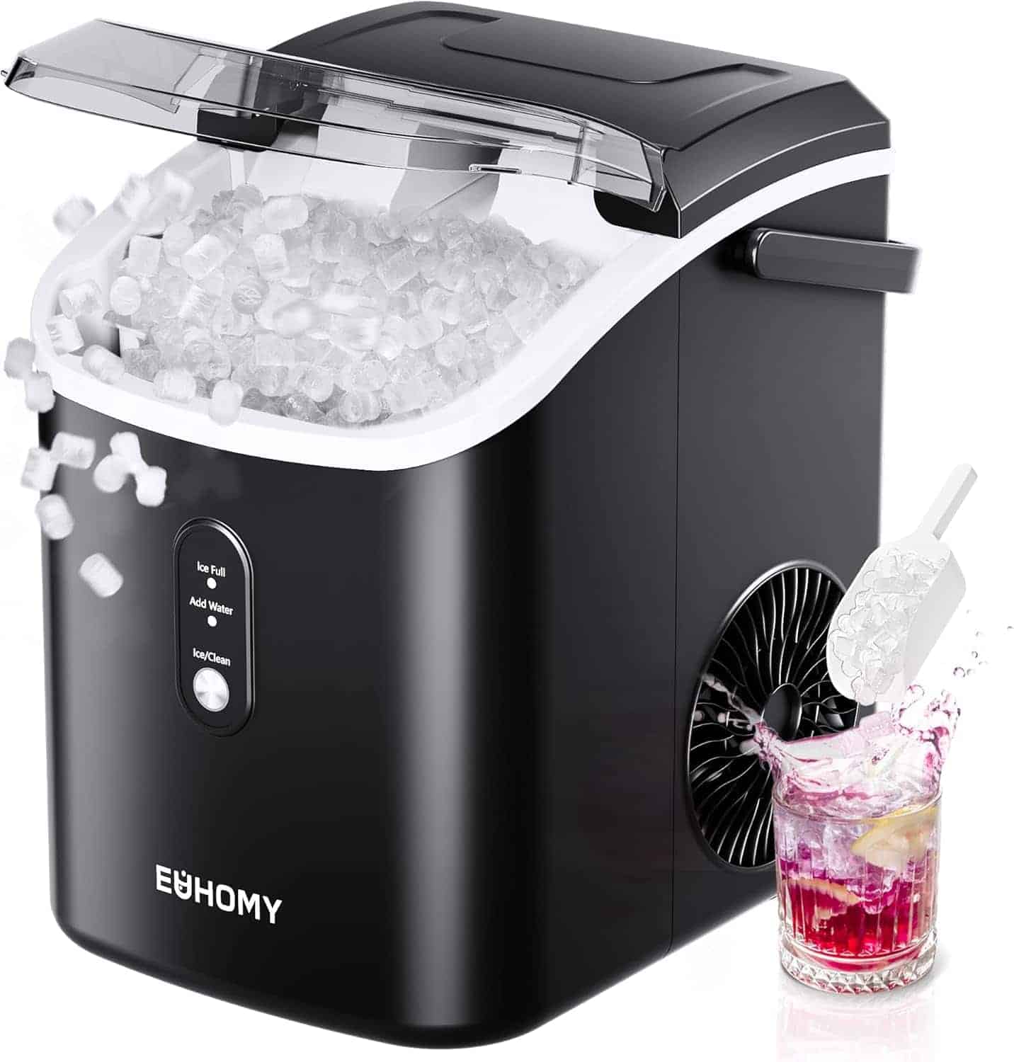 Black Euhomy ice maker dispensing ice cubes, with ice falling into a glass of pink drink and an ice scoop beside the machine.