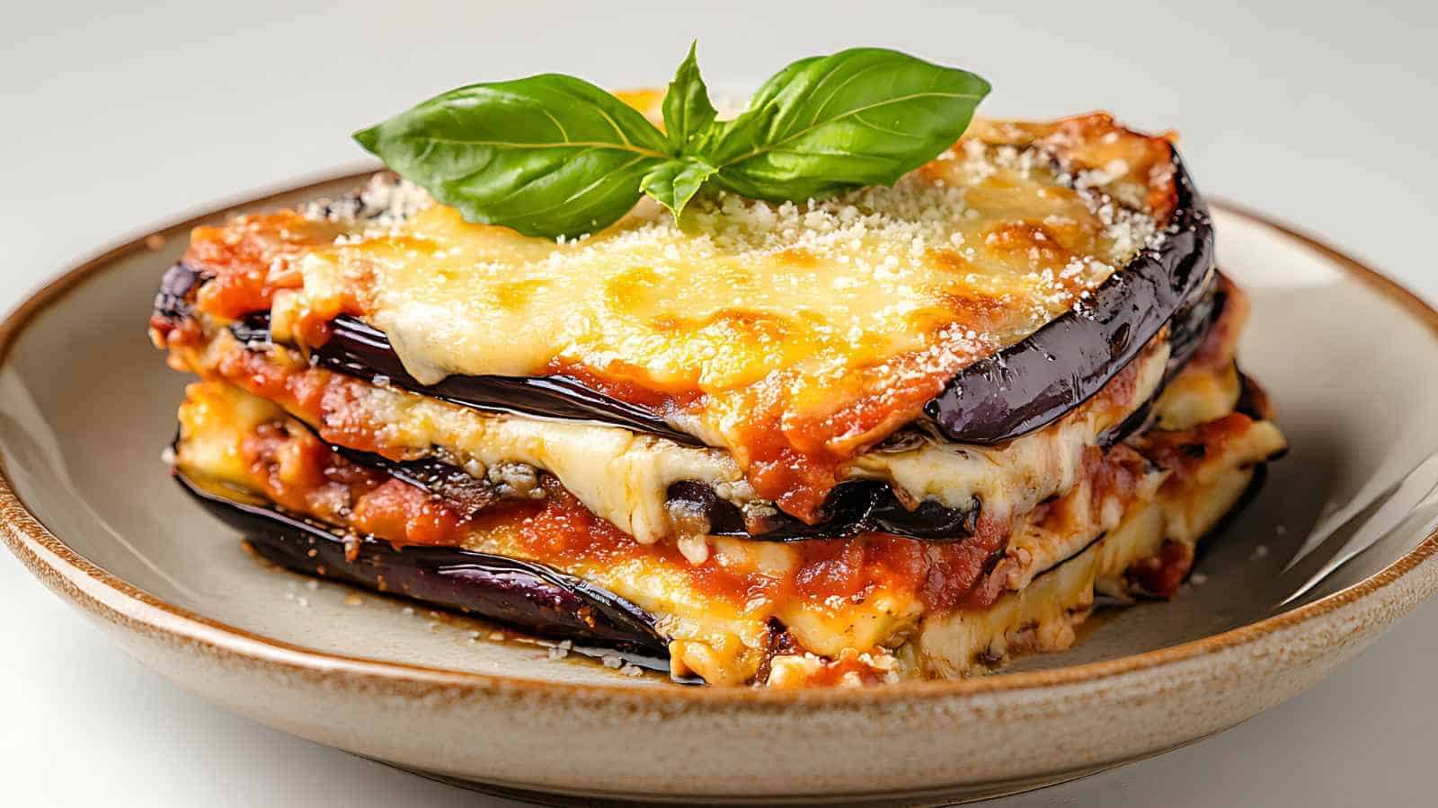 A slice of eggplant parmesan layered with tomato sauce and melted cheese, topped with fresh basil, served on a beige plate.
