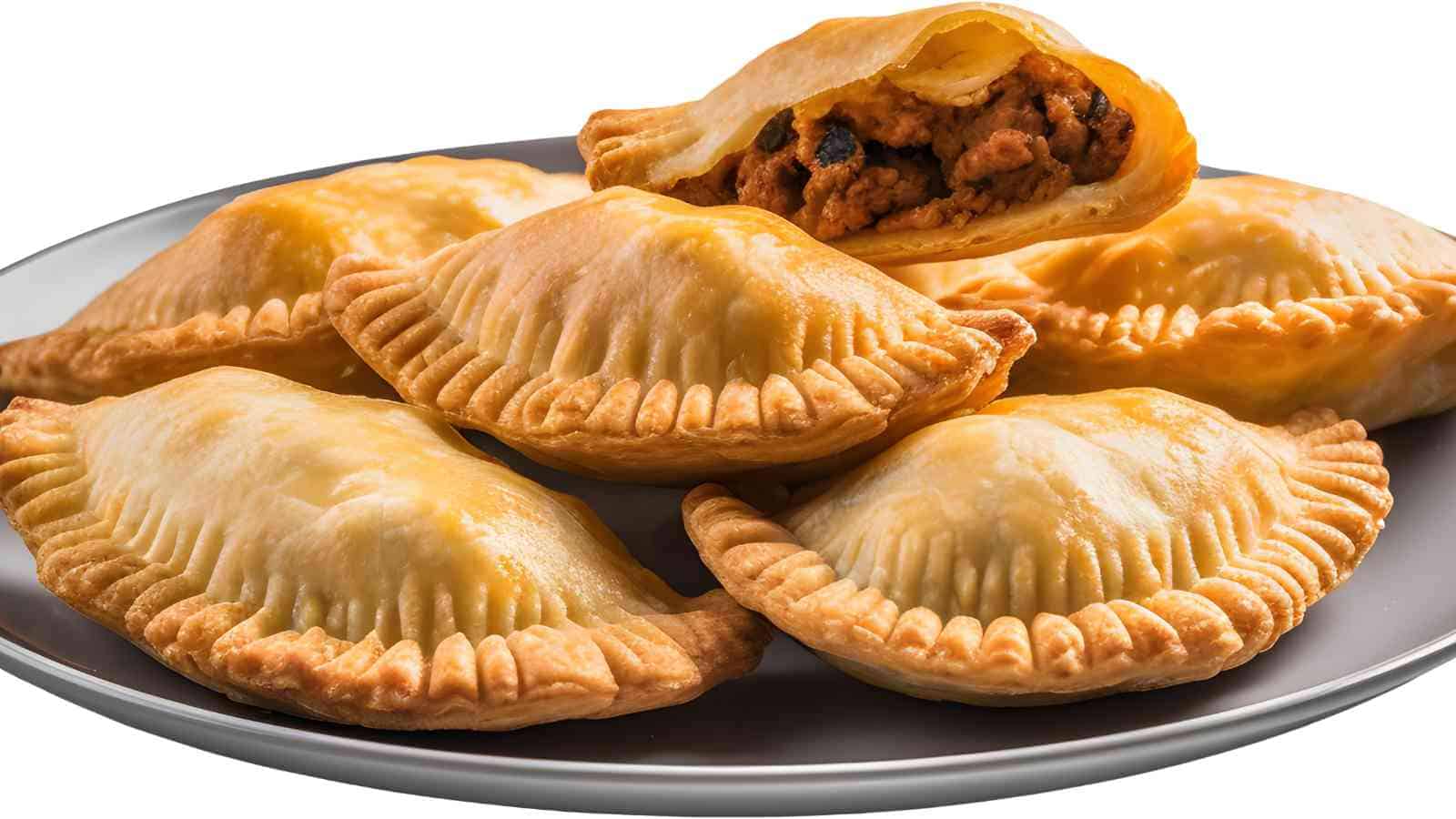 A plate of baked empanadas, with one cut open to show a savory meat filling inside.
