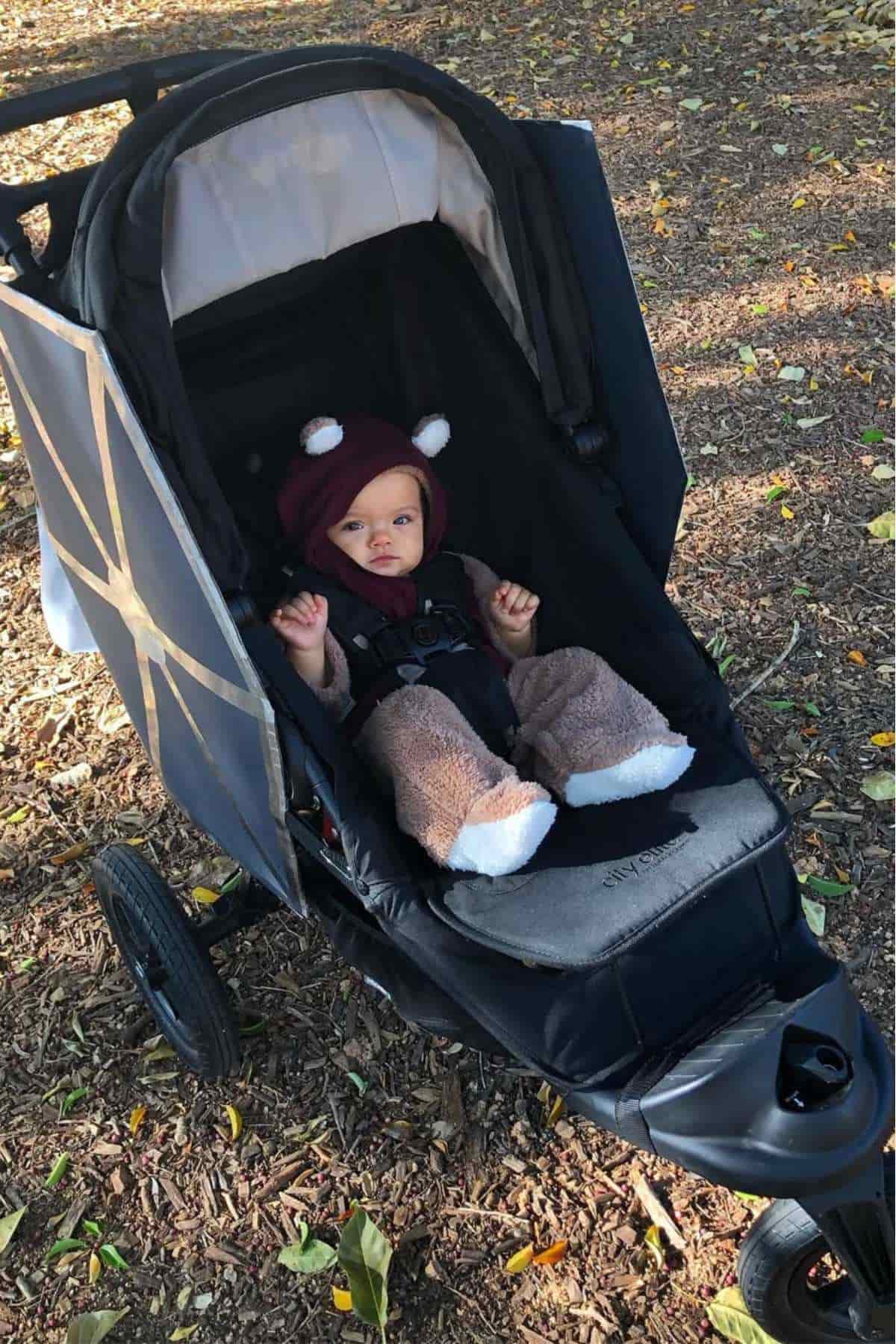 A baby wearing a bear-themed outfit sits in a stroller outdoors on a path covered with dirt and scattered leaves.