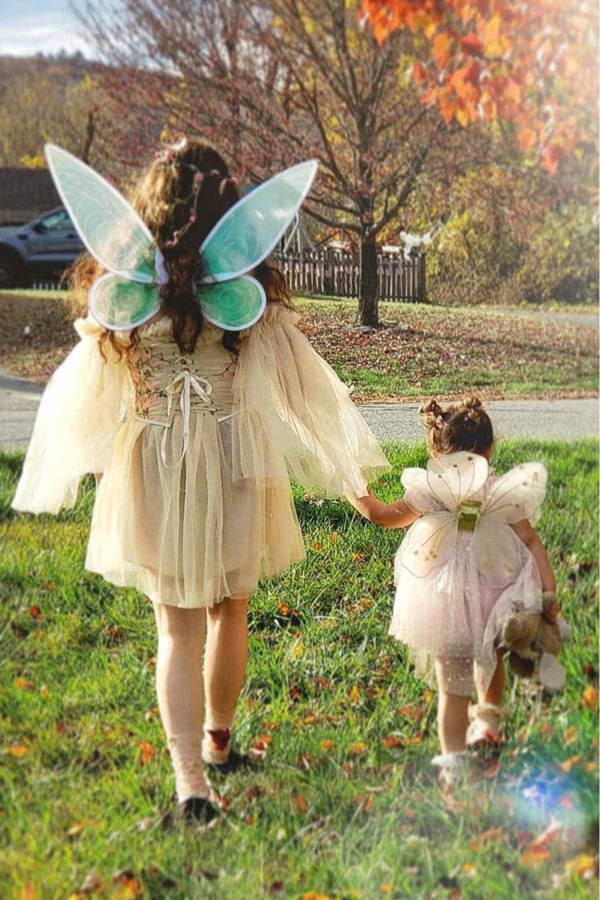 One adult and one kid dressed in fairy costumes with wings walk hand in hand across a grassy area on a sunny autumn day.