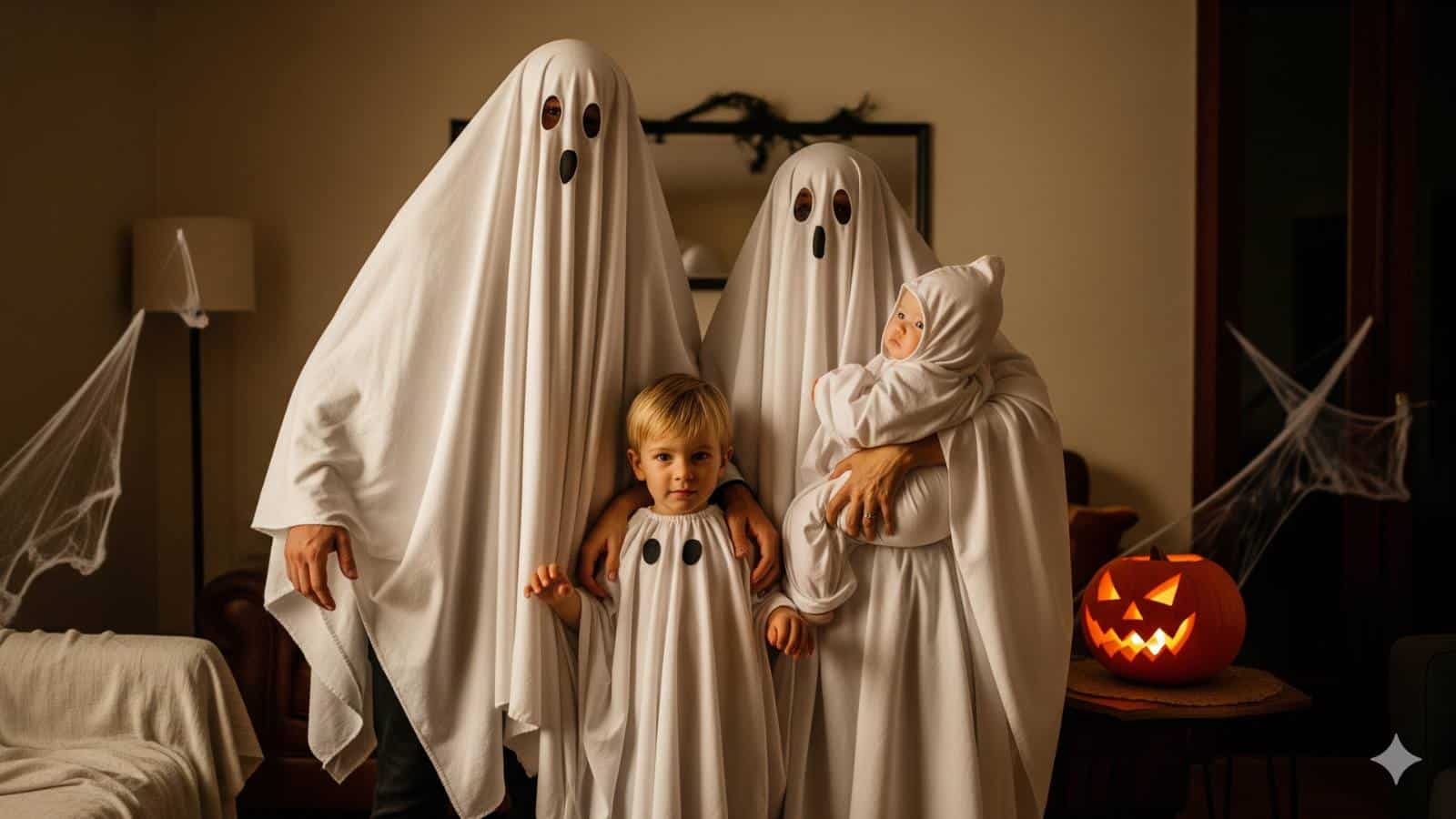 Three people and a child dressed as ghosts stand together indoors with Halloween decorations and a carved pumpkin in the background.