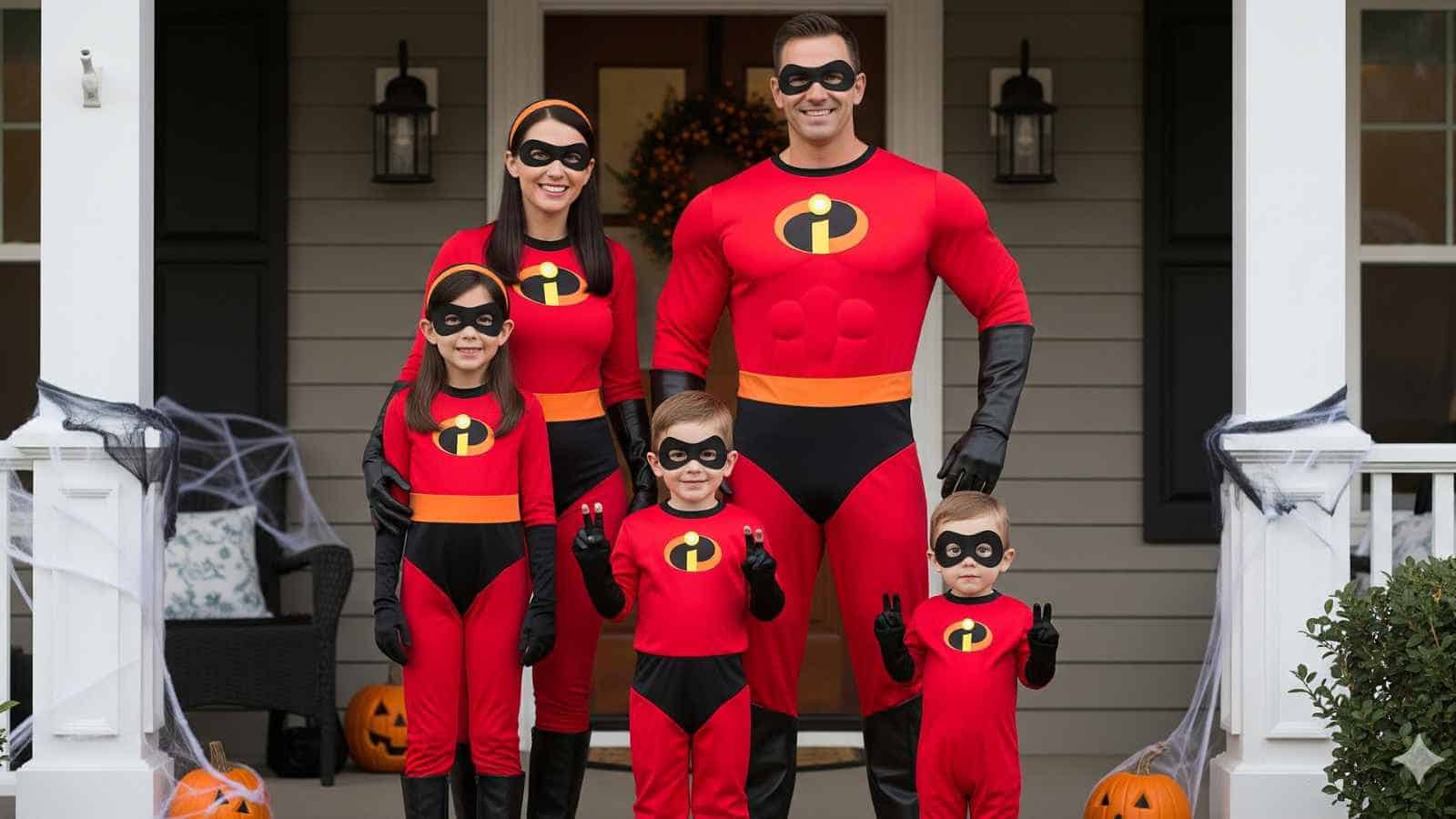 A family of five dressed in matching “The Incredibles” Halloween Costumes for Families of 5 poses on a decorated porch with pumpkins and festive Halloween decorations.
