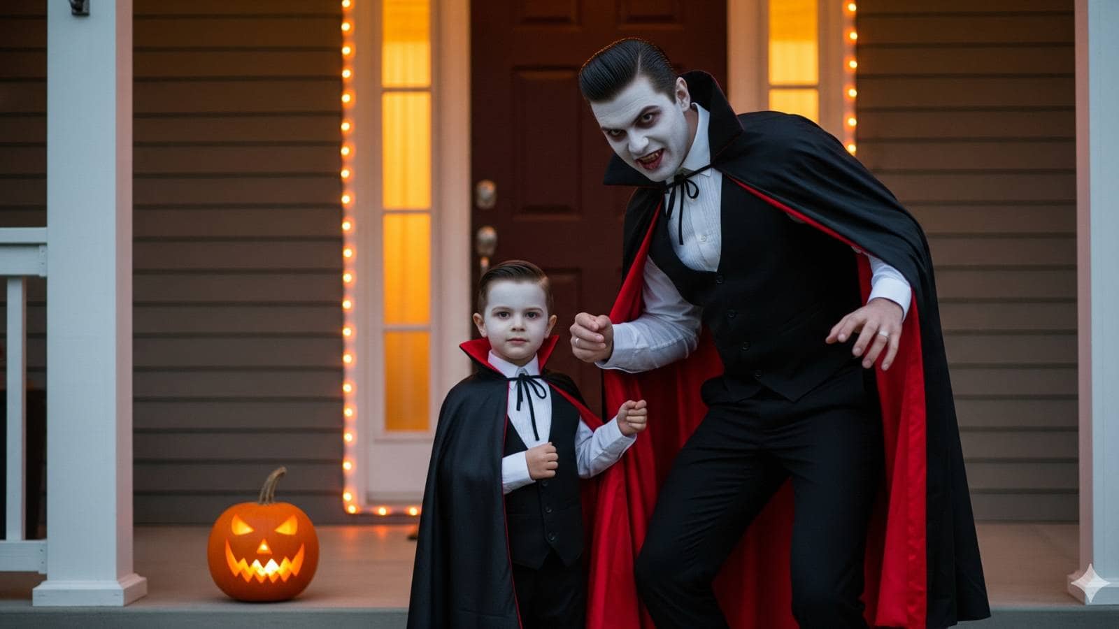 A dad and son in matching Halloween costumes pose as vampires on a porch decorated with a carved jack-o'-lantern and string lights.