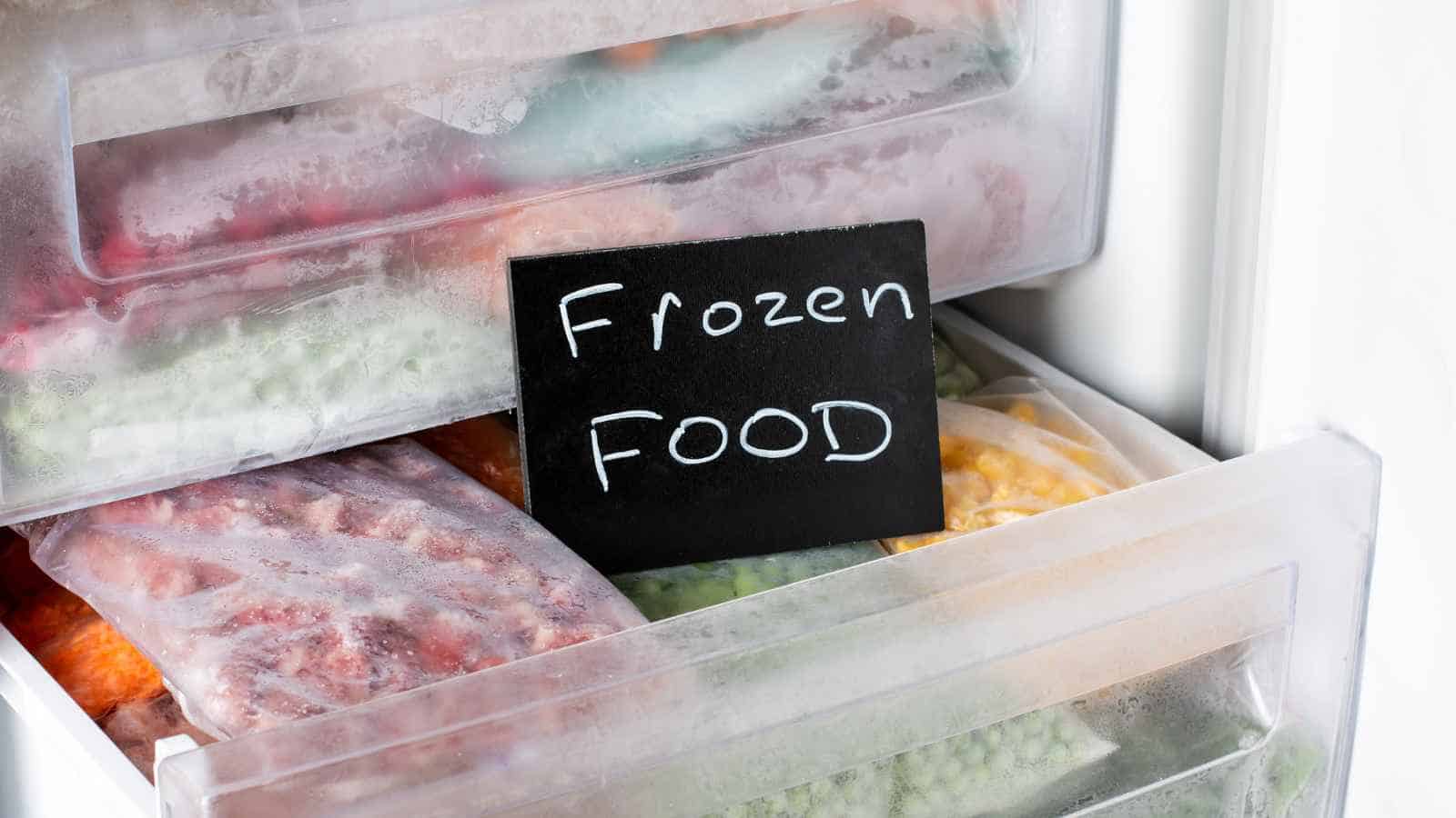 Open freezer drawer filled with various frozen food bags, with a small chalkboard sign labeled "Frozen Food" placed inside.