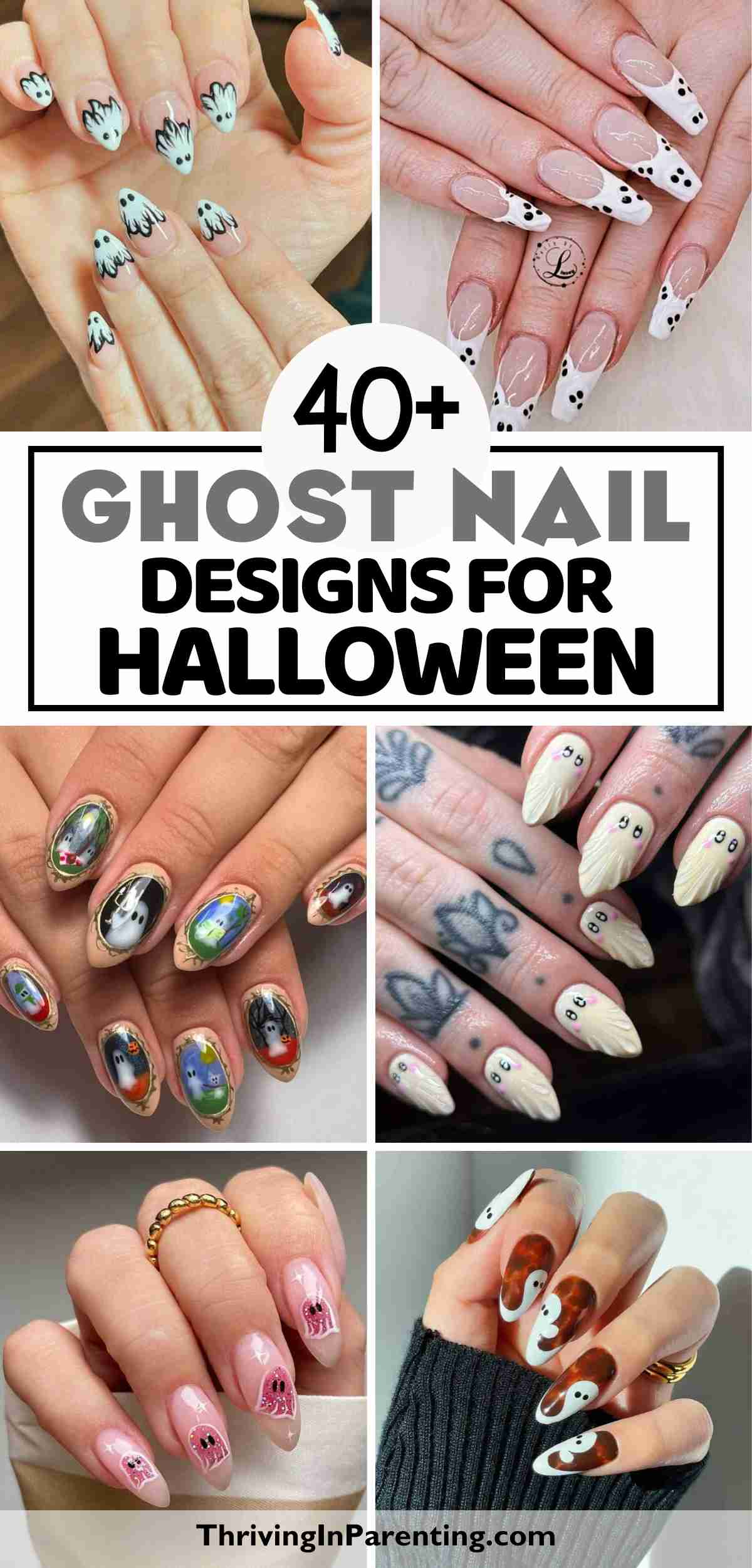 A collage of several ghost nail designs for Halloween.
