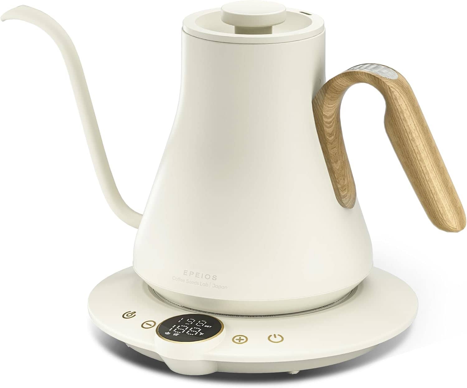 A white electric gooseneck kettle with a wooden handle sits on a round digital base with touch controls and an LED display.