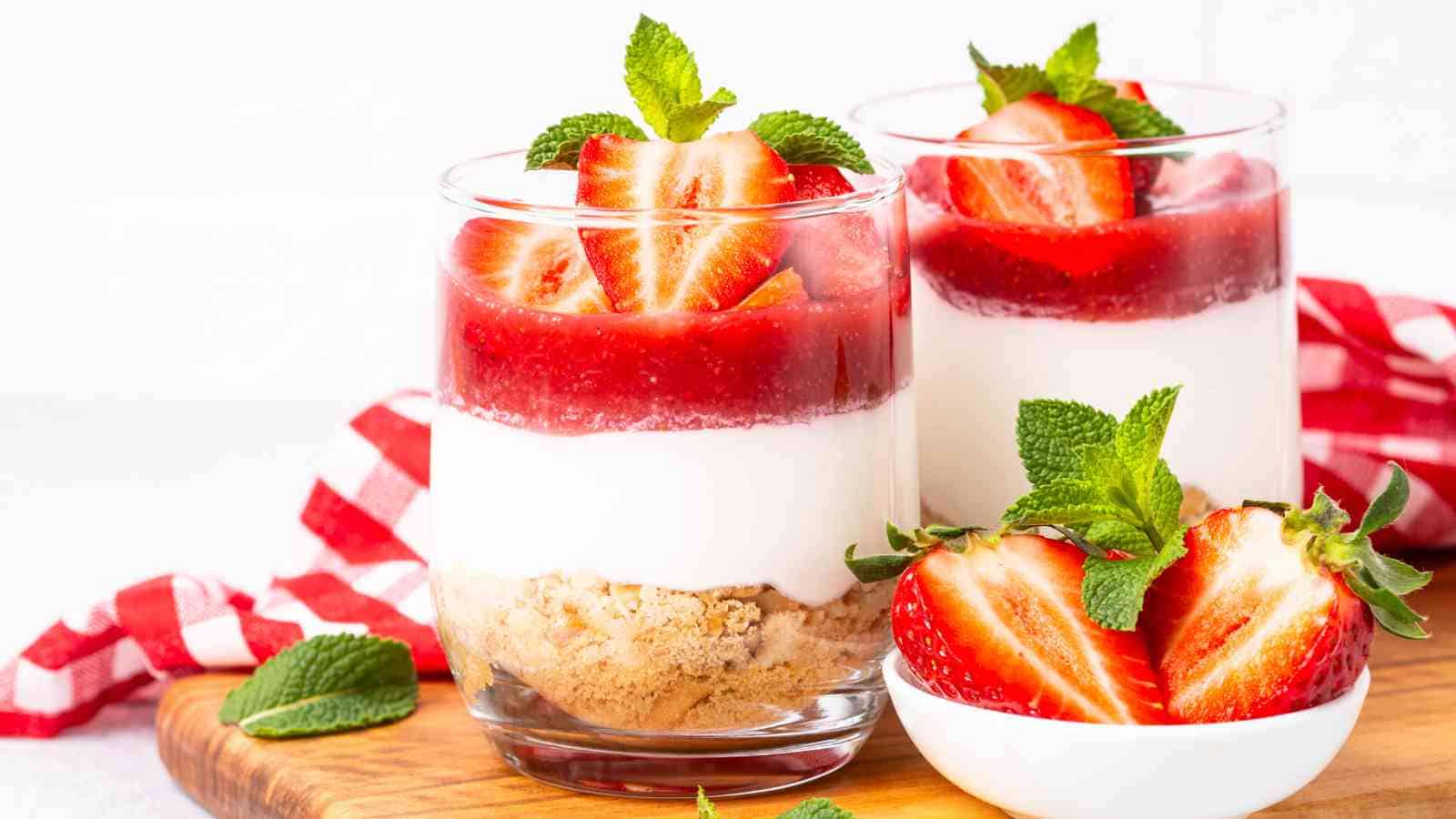 Two dessert glasses with layered strawberry parfaits on a wooden board, garnished with fresh strawberries and mint, next to a bowl of strawberries and a red checkered napkin.