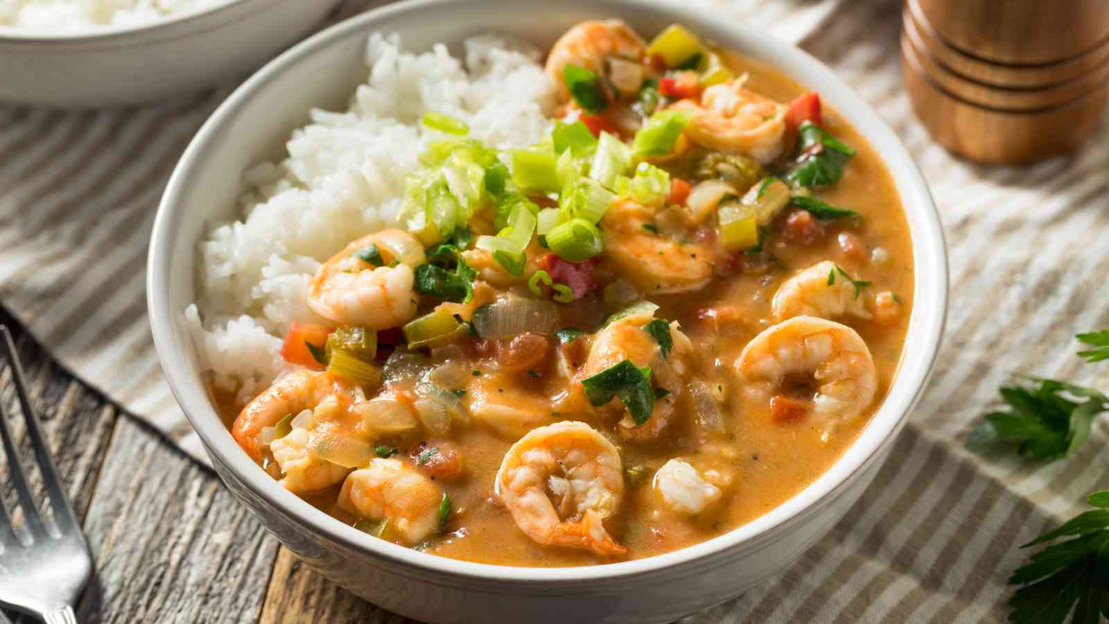 A bowl of white rice topped with shrimp and vegetables in a creamy sauce, garnished with chopped green onions.