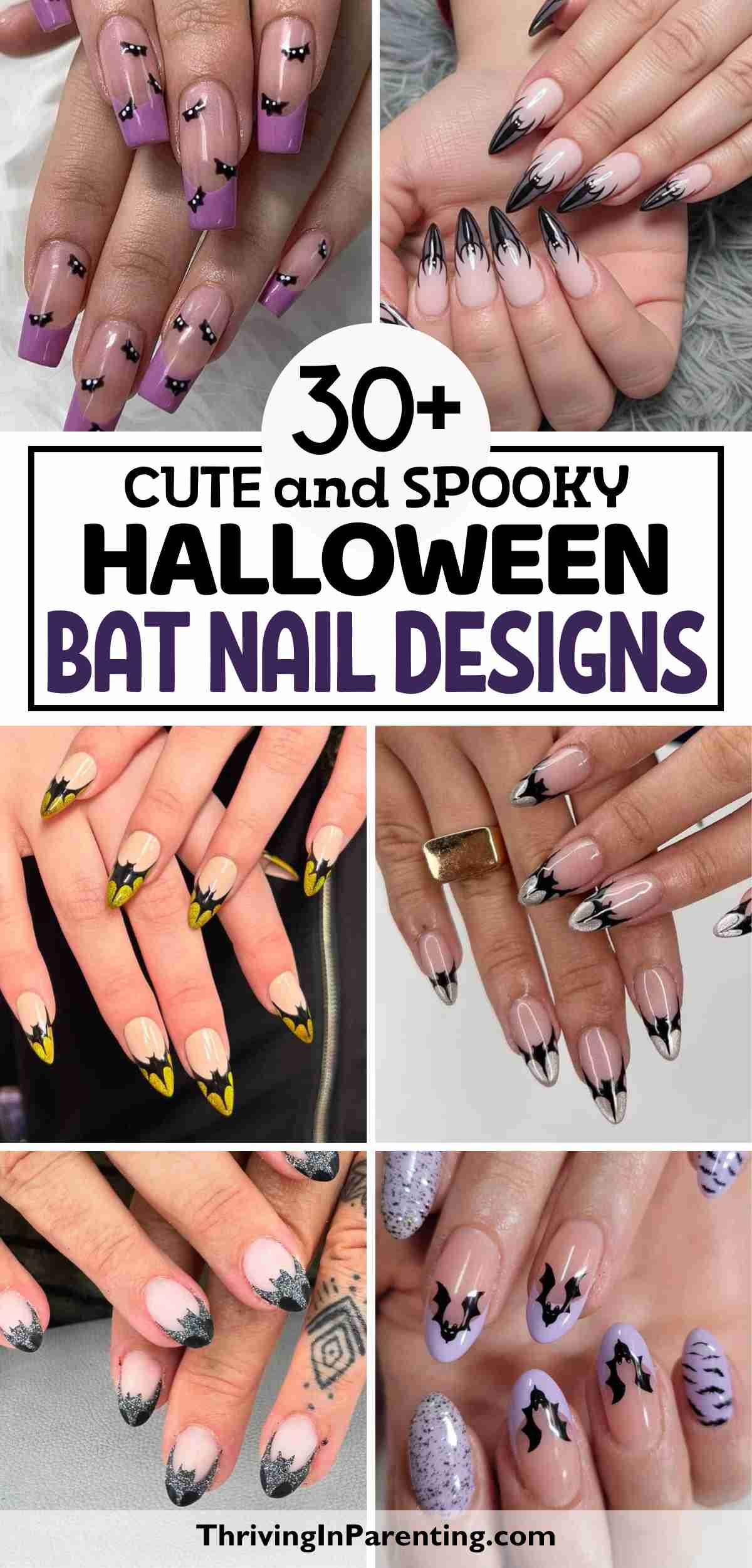 A collage of several Halloween bat nail designs.