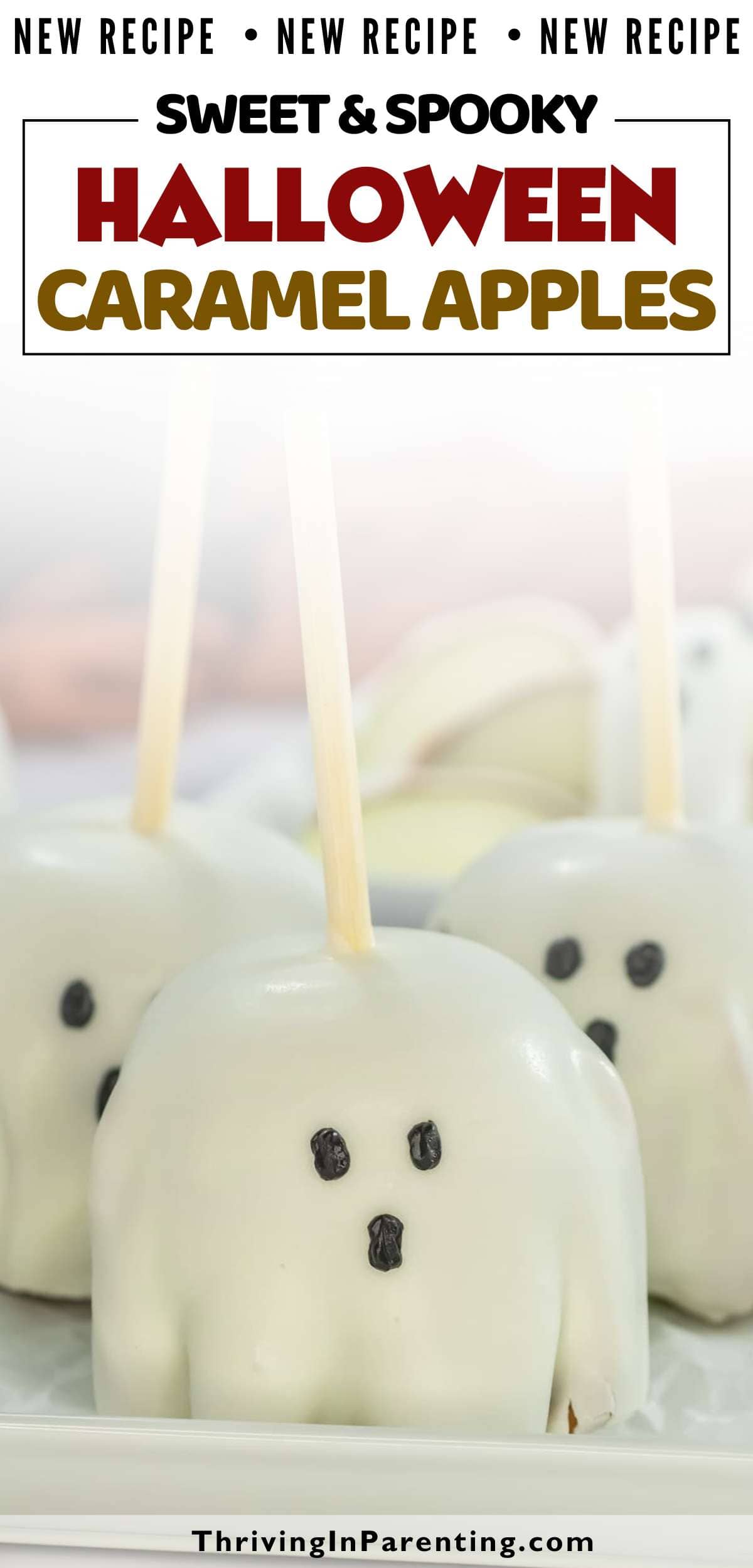 Pin image of Halloween caramel apples recipe blog post.