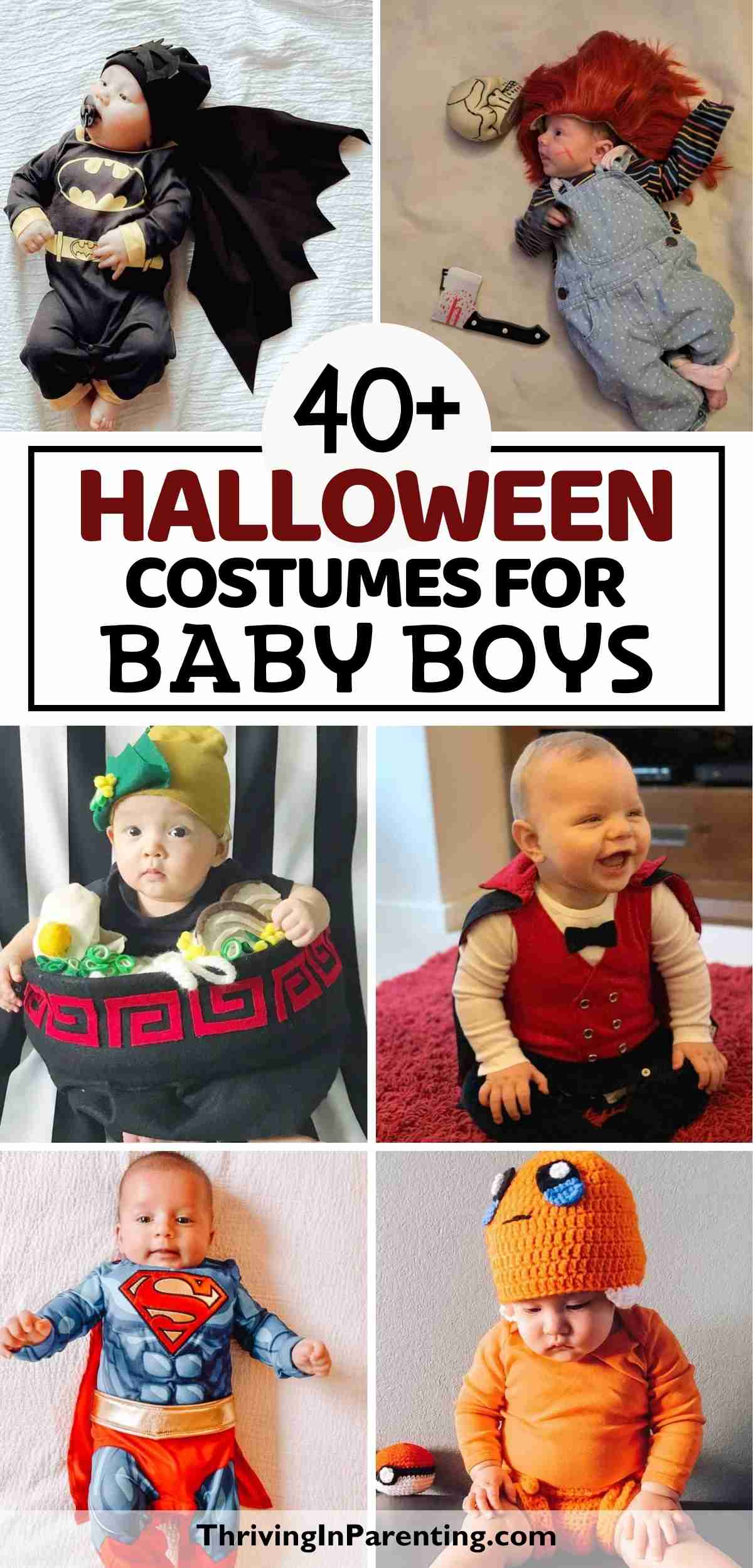 A collage of several Halloween costume ideas for baby boys.