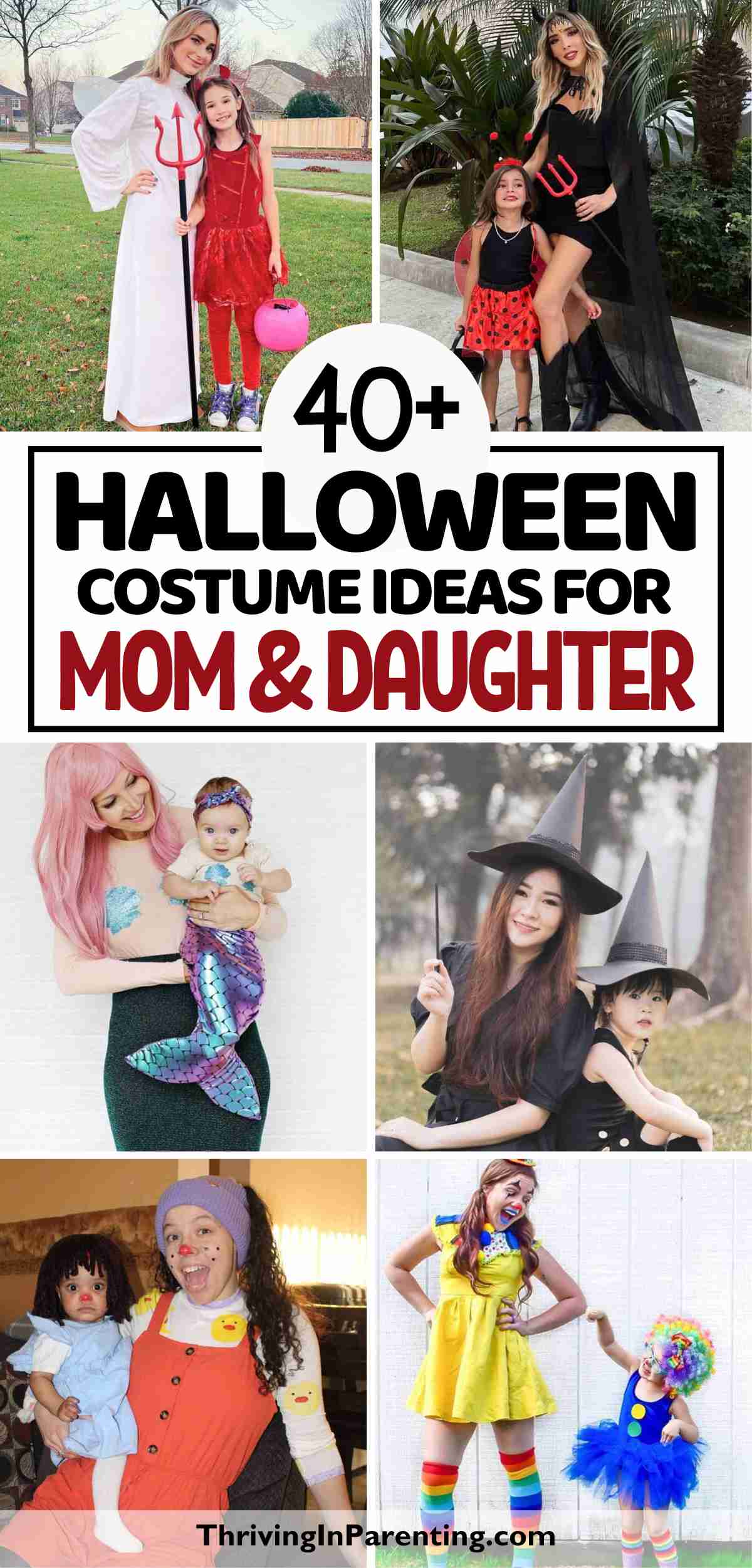 A collage of several Halloween costumes for mom and daughter.
