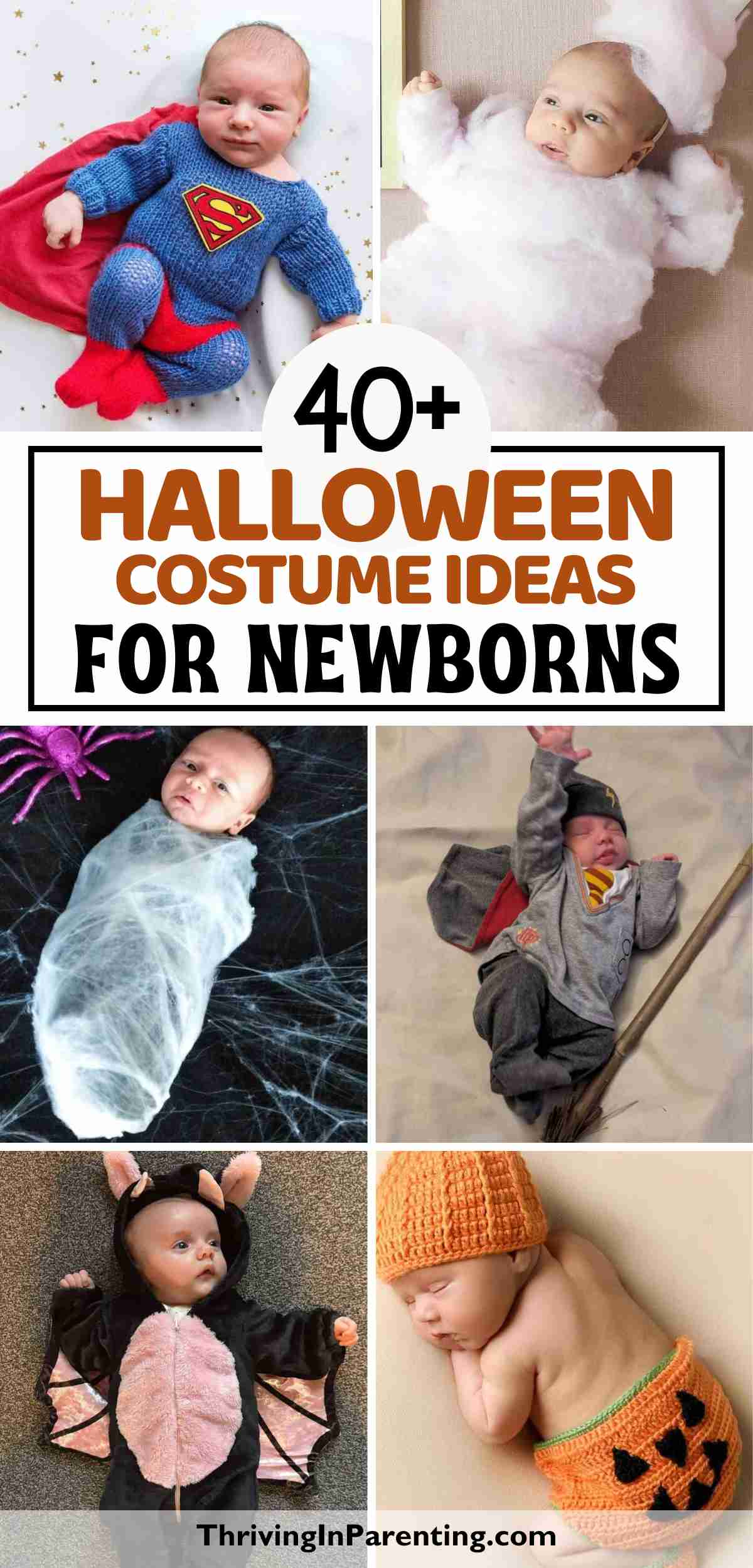 A collage of several Halloween costumes for newborns.