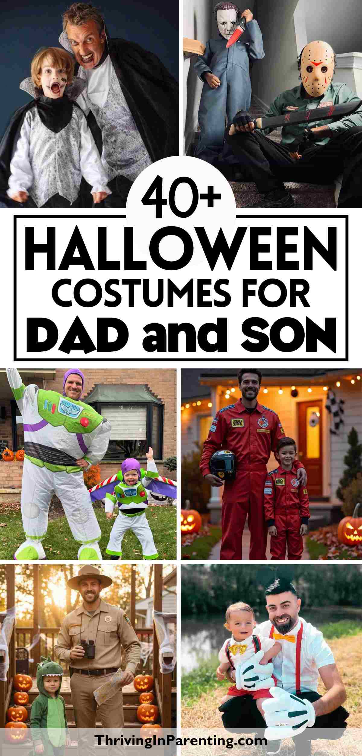 A collage of several Halloween costumes for dad and son.