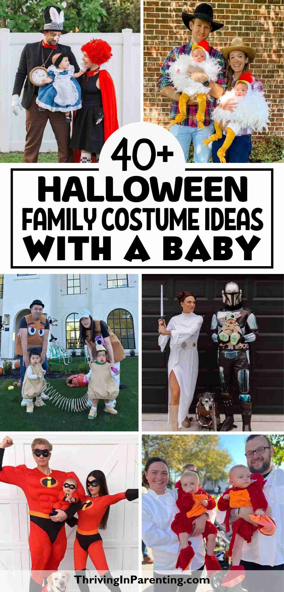 A collage of several Halloween costumes for family with a baby.