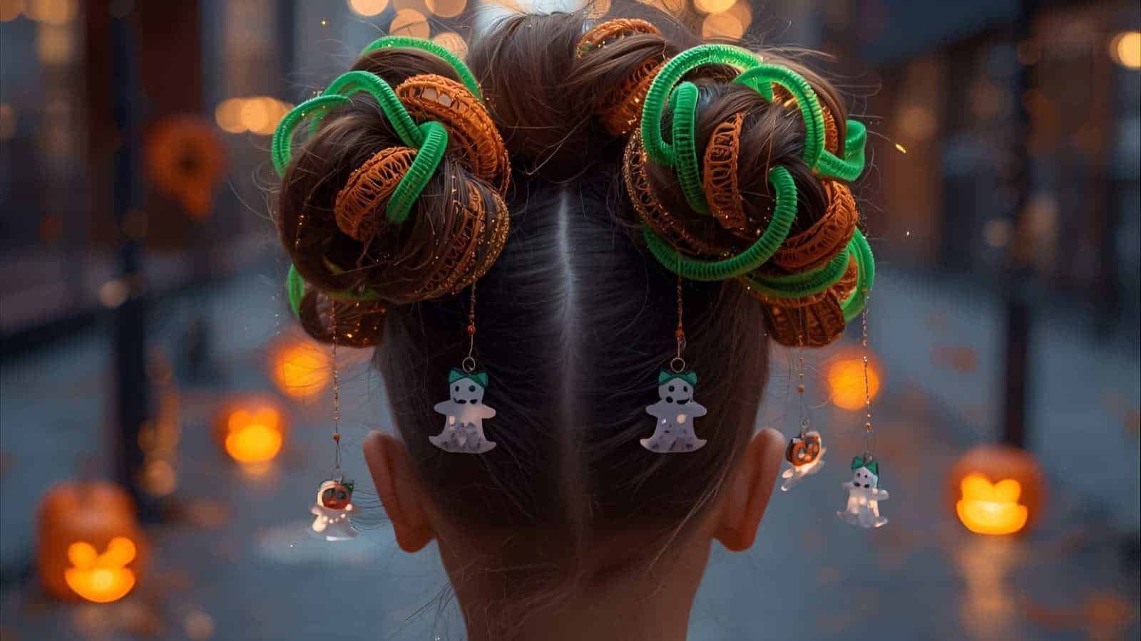 A person with two hair buns—styled as cute halloween hairstyles for girls—decorated with green and orange ribbons and small ghost charms, stands on a street lined with glowing jack-o'-lanterns in the background.