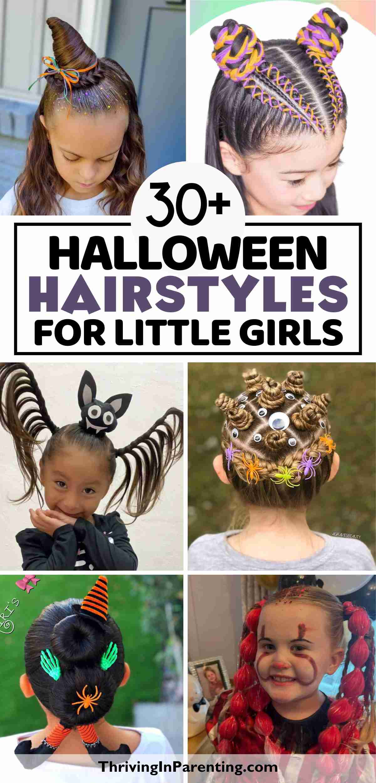 A collage of several Halloween hairstyles for little girls.