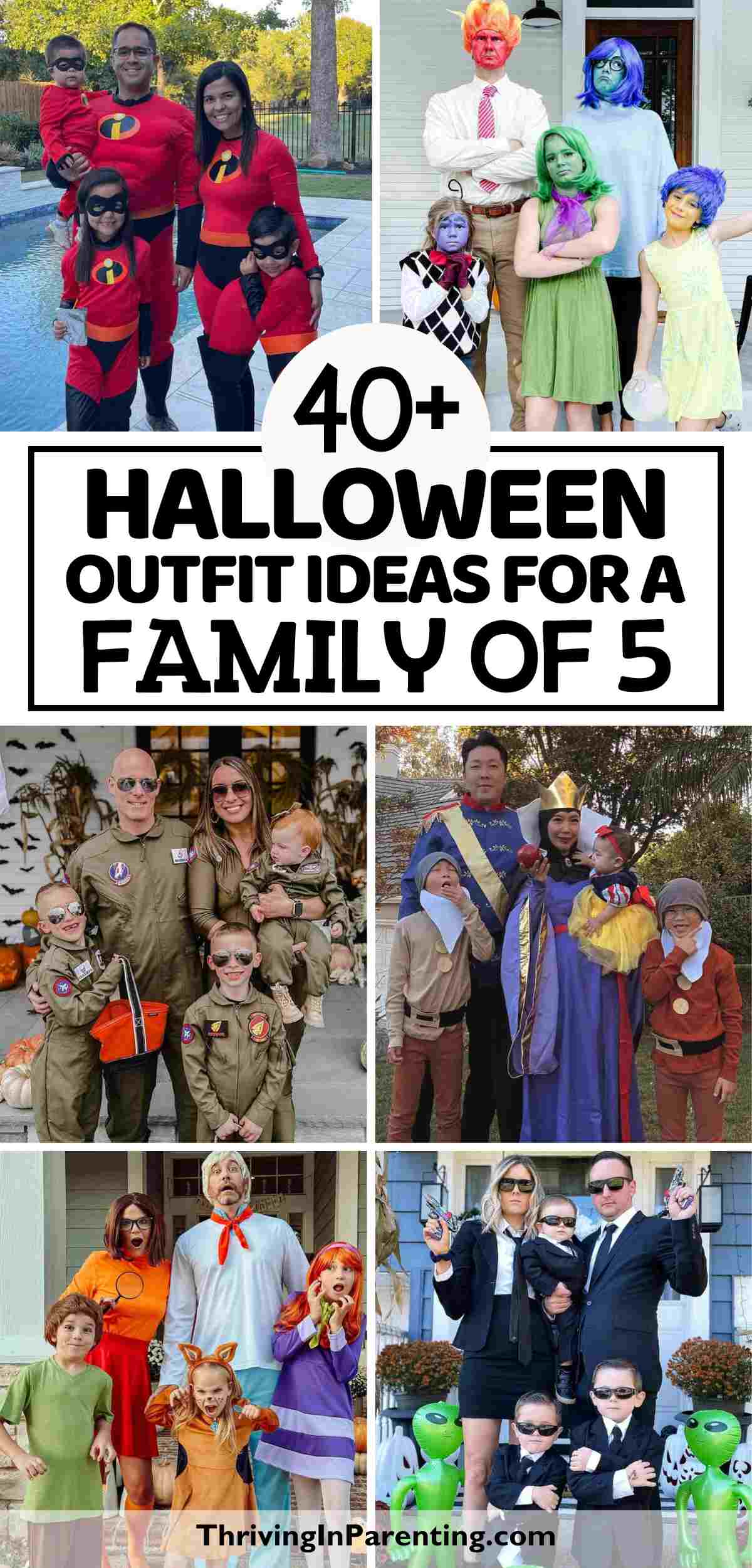 A collage of several Halloween costumes for a family of 5.