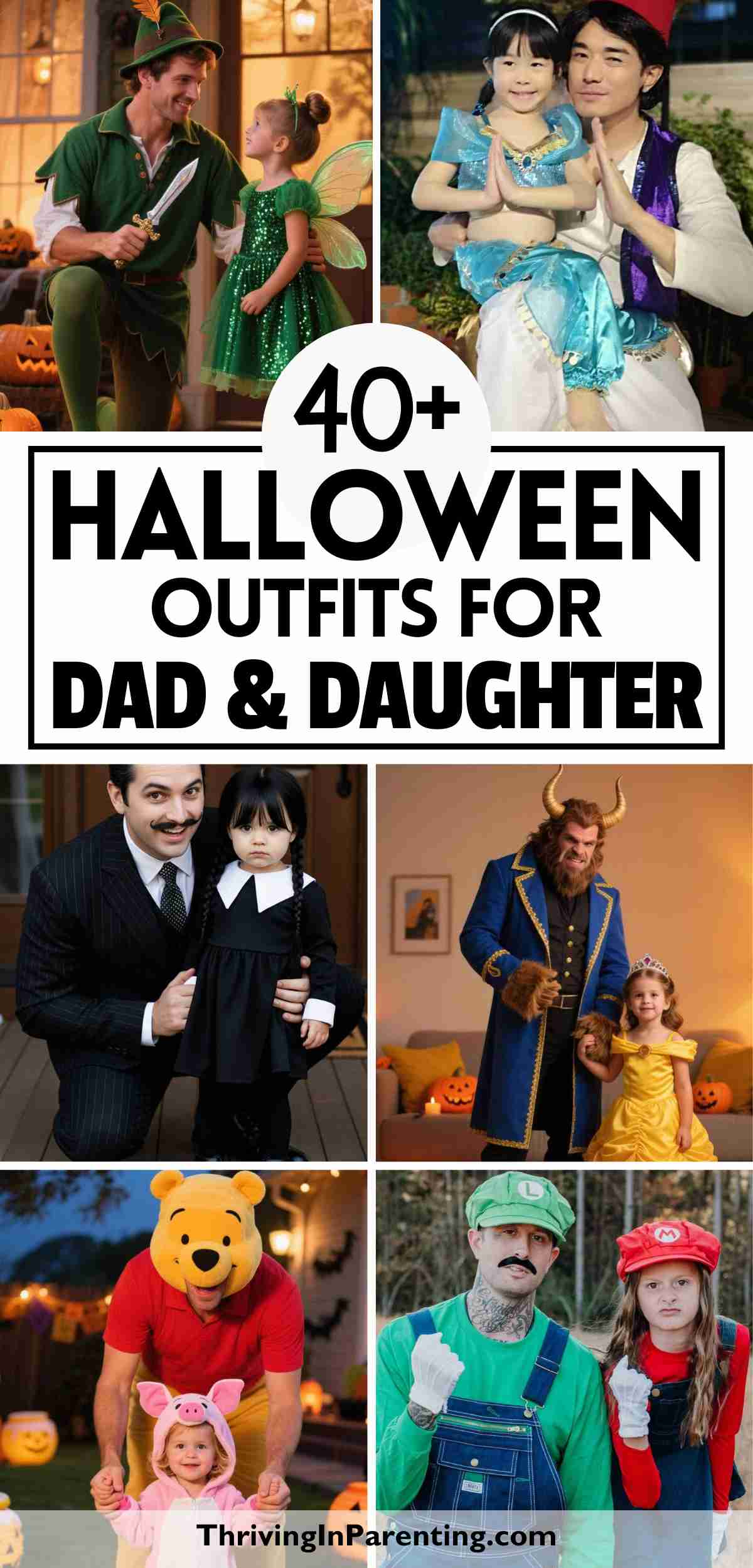 A collage of several Halloween costumes for dad and daughter.