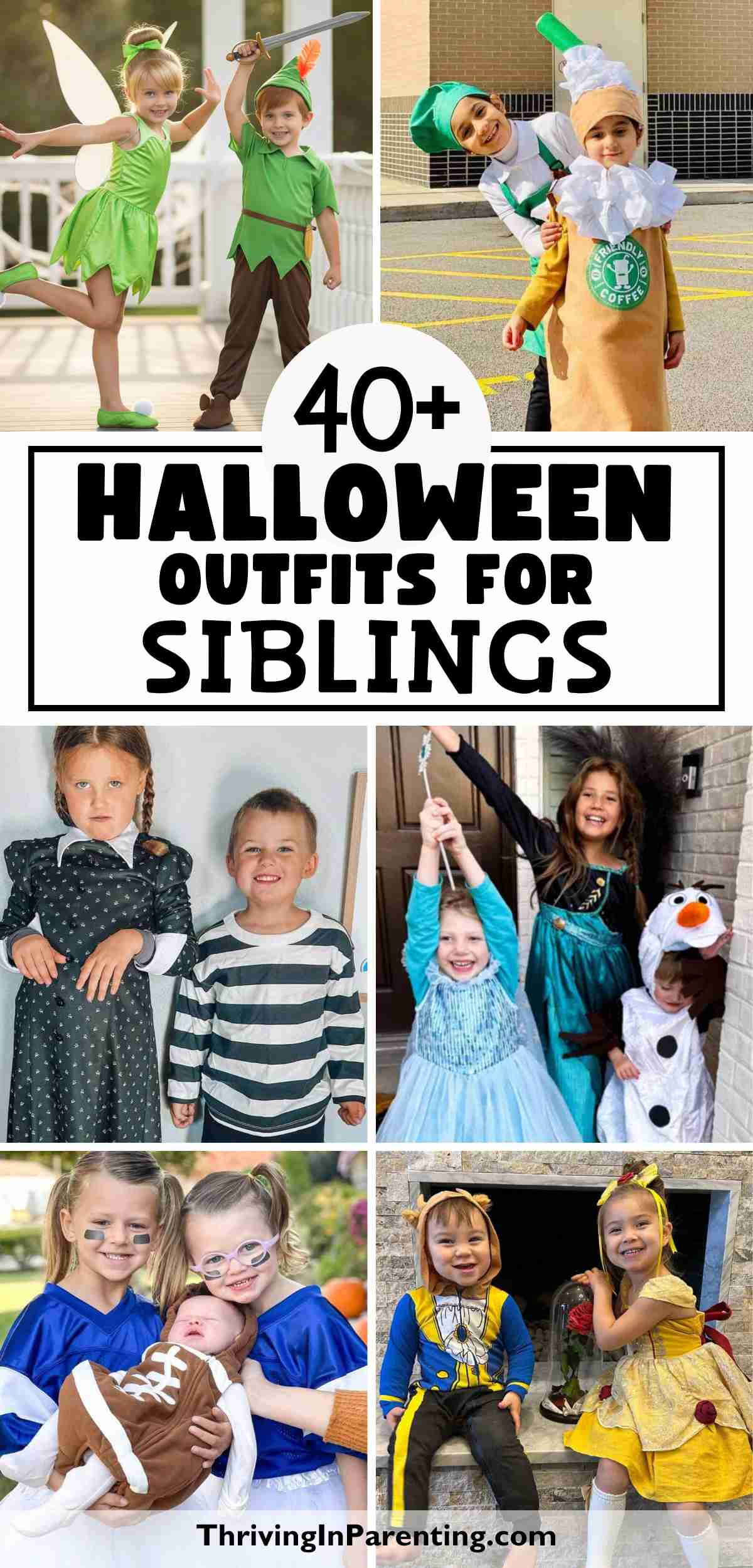 A collage of several Halloween costumes for siblings.