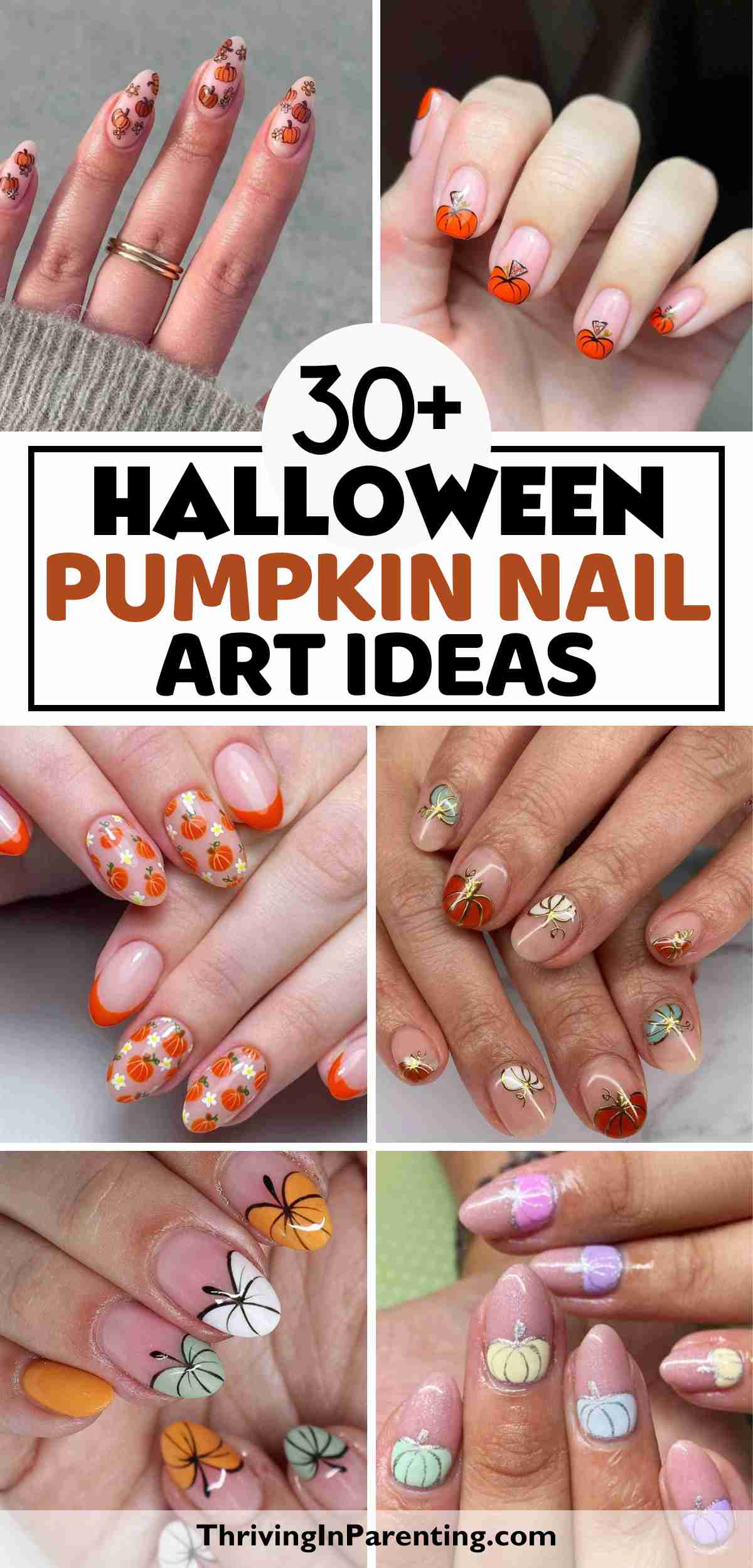 A collage of several Halloween pumpkin nail art ideas.