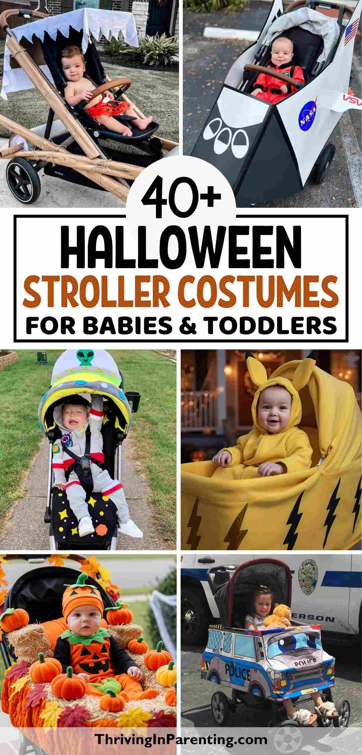 A collage of several Halloween stroller costumes.