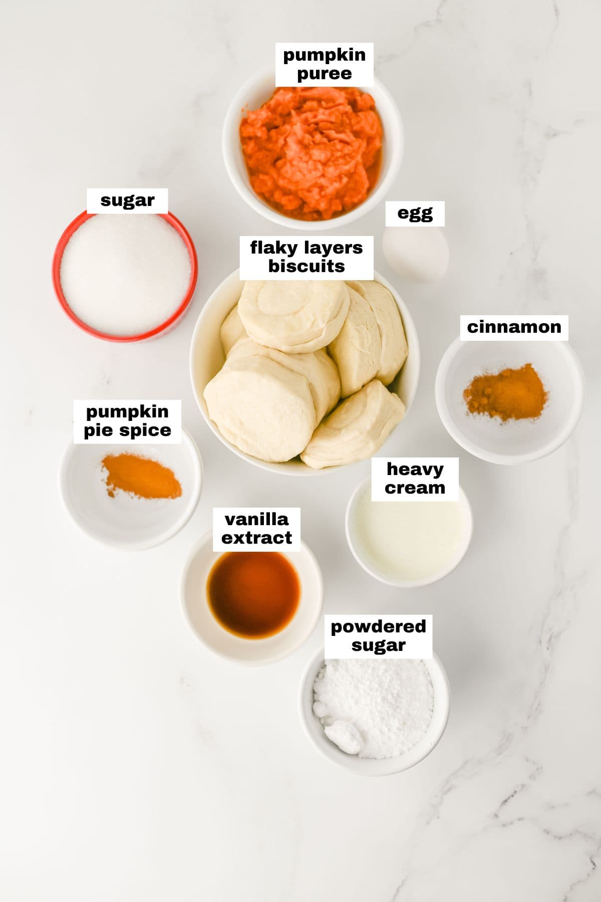 Top-down view of labeled ingredients in bowls on a white surface, including pumpkin puree, egg, biscuits, cinnamon, heavy cream, powdered sugar, vanilla extract, pumpkin pie spice, and sugar.
