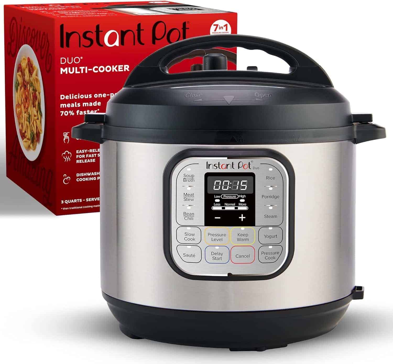 A stainless steel Instant Pot Duo multi-cooker sits in front of its red packaging box, displaying its digital control panel and labeled buttons.