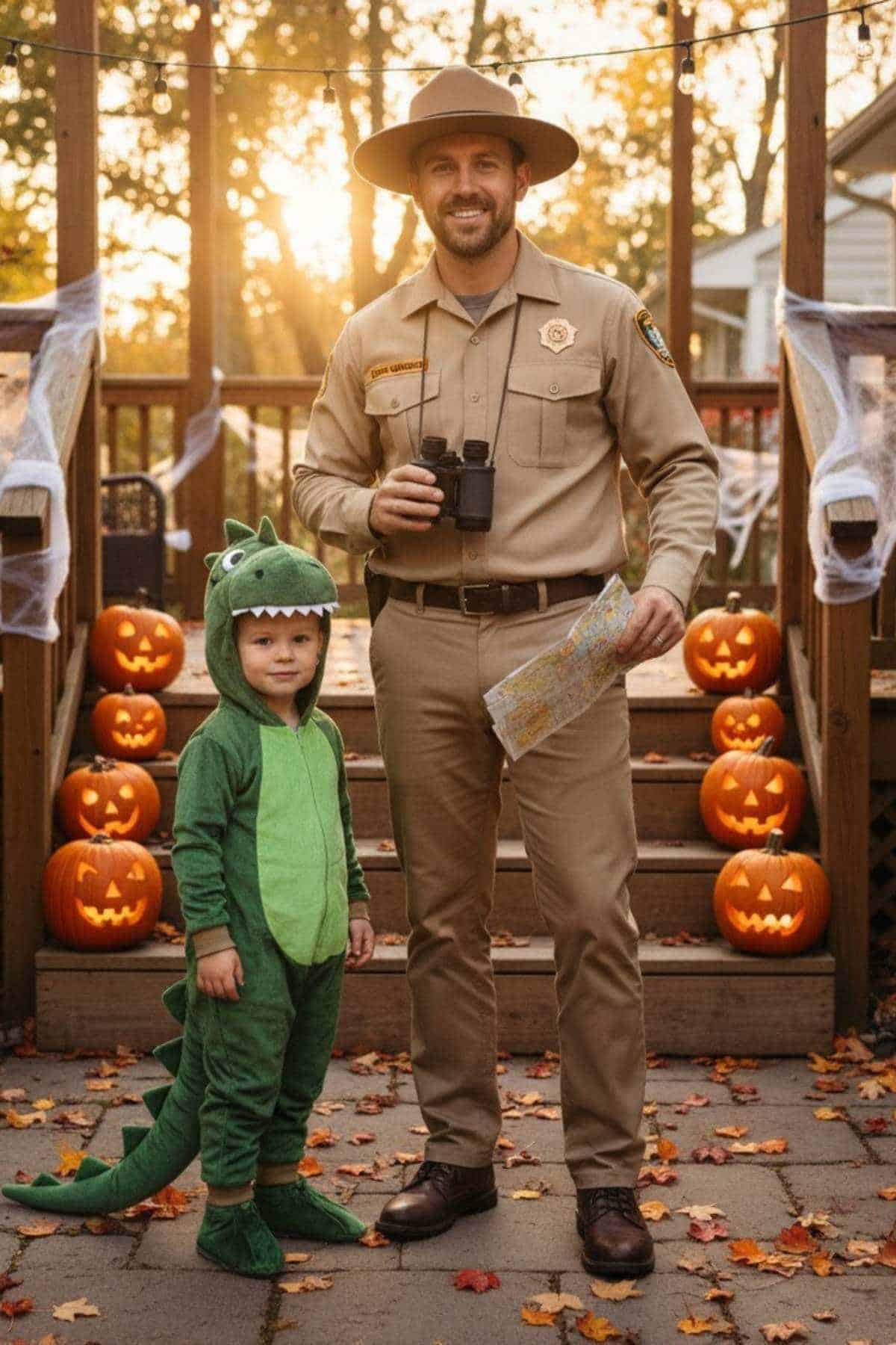 An adult in a park ranger costume stands next to a child in a green dinosaur costume, with carved pumpkins and Halloween decorations on wooden steps behind them.