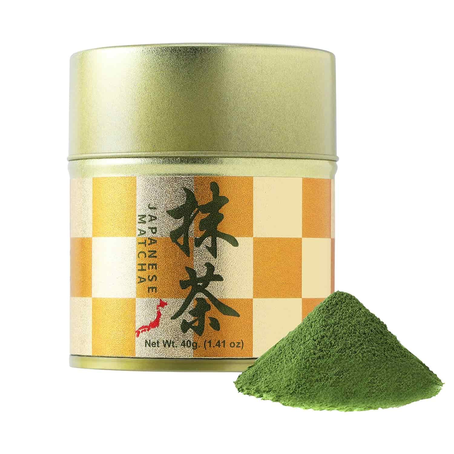 A tin labeled “Japanese Matcha” next to a small mound of vibrant green matcha powder, net weight 40 grams.
