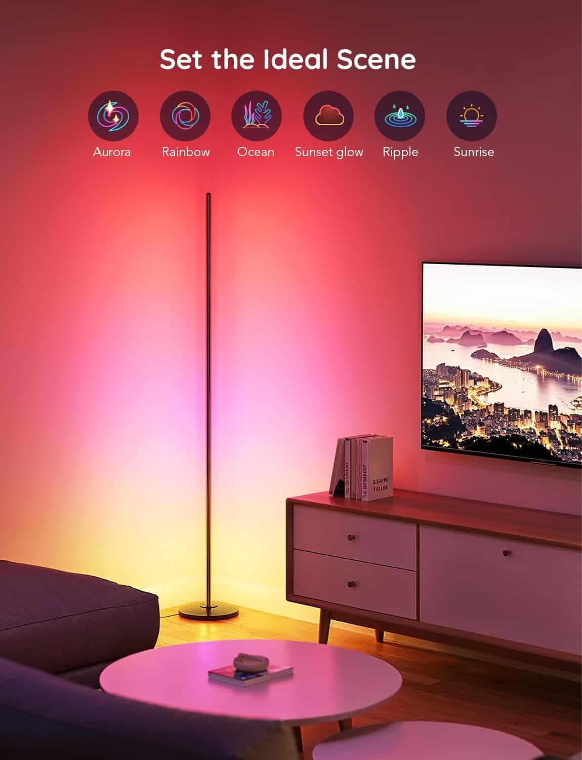 Modern living room with a tall corner floor lamp displaying multicolored ambient lighting; TV and console are nearby. Icons above show different lighting scene options.