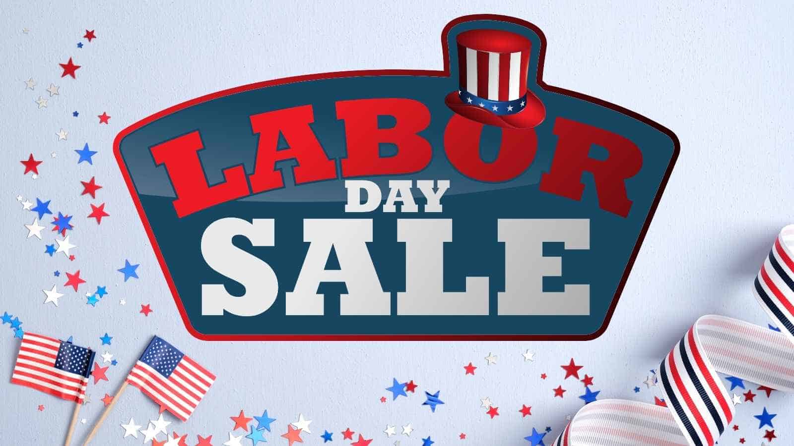 Labor Day Sale sign with a patriotic hat, surrounded by red, white, and blue confetti, small American flags, and ribbon.
