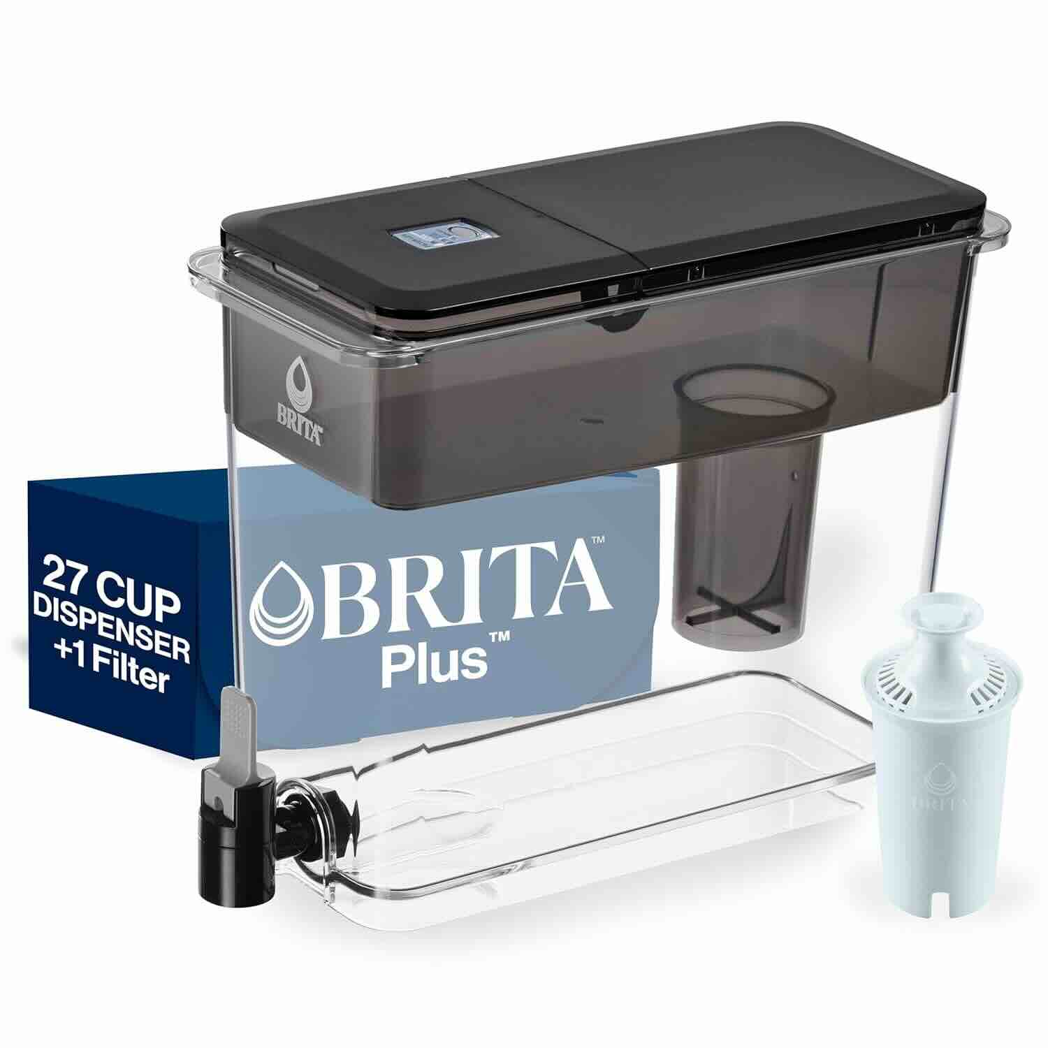 A Brita Plus 27-cup water dispenser with a black lid, attached spout, and included filter is displayed alongside its packaging.