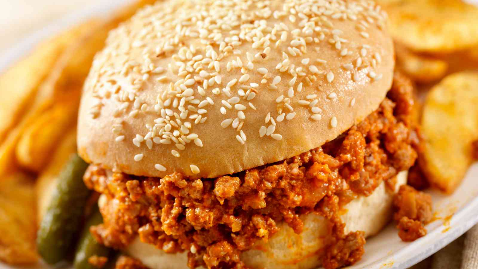 A sesame seed bun filled with sloppy joe meat mixture, served with potato chips on the side.